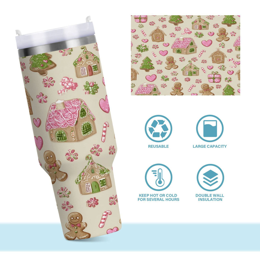 40 oz Insulated Stainless Steel Tumbler Double Wall Stainless Steel Tumbler with 2-Way Drinking Pink Cute Christmas Pattern OAJ2