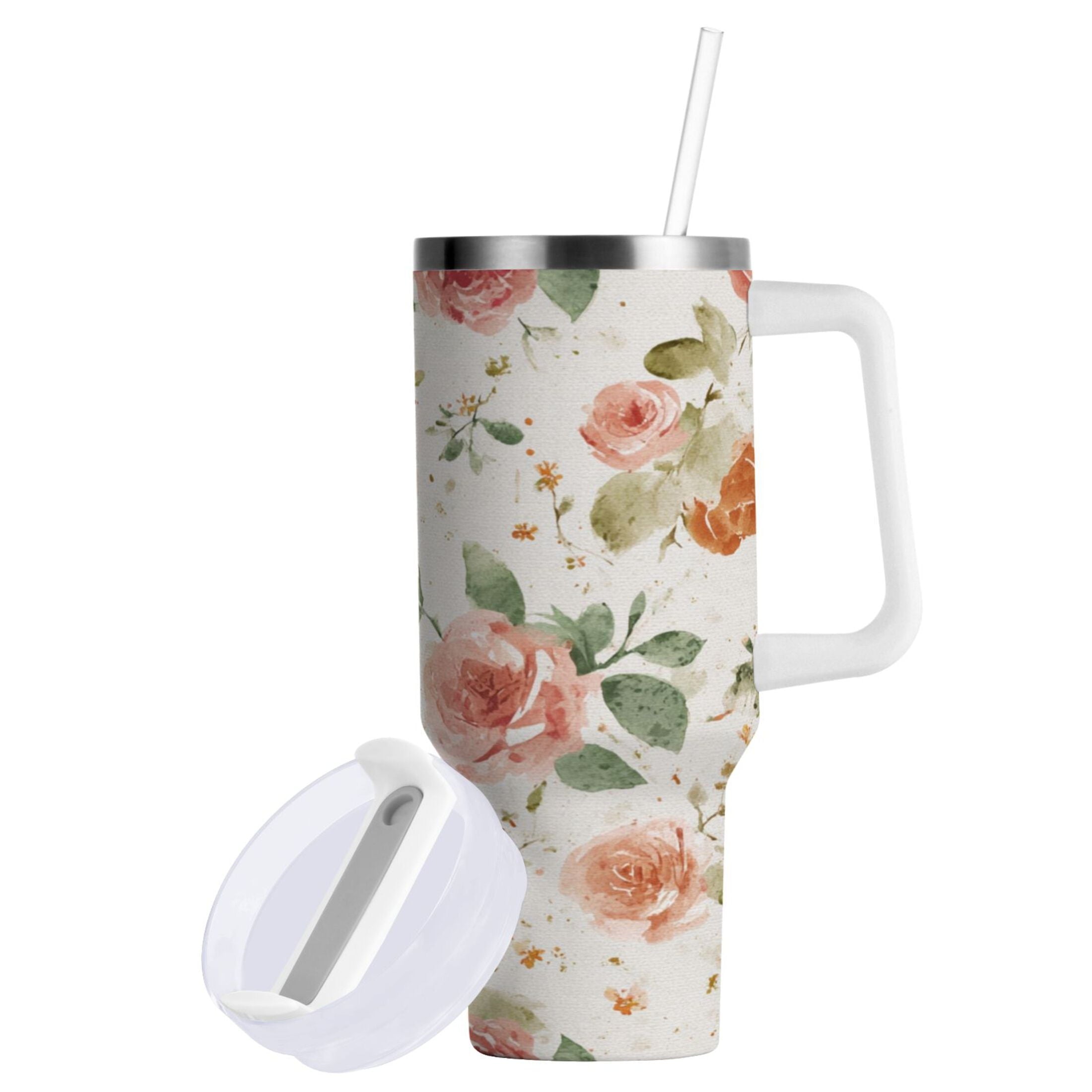 40 oz Insulated Stainless Steel Tumbler Double Wall Stainless Steel Tumbler with 2-Way Drinking Watercolor Rose Floral Pattern 3Q7D