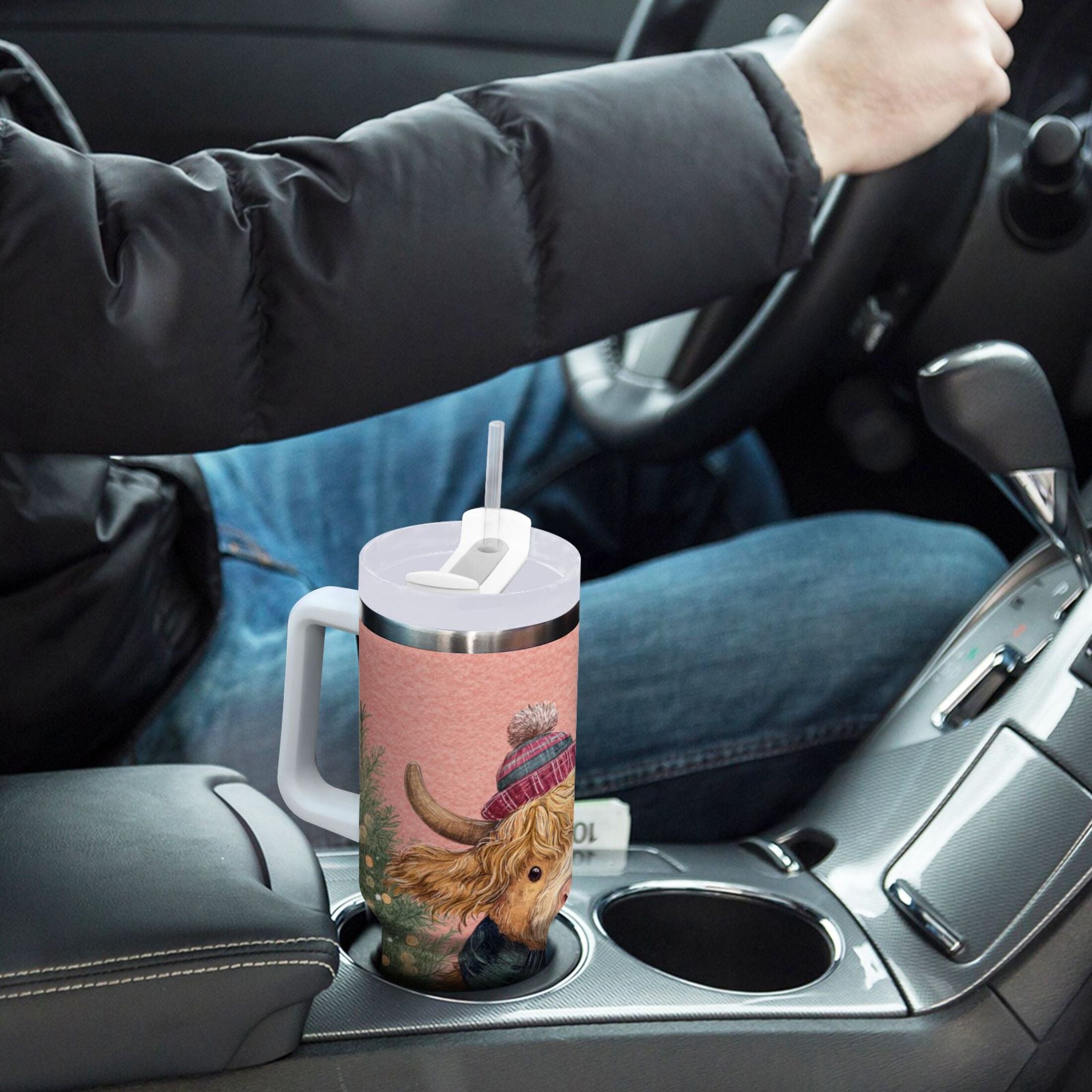 30 oz Insulated Stainless Steel Tumbler Double Wall Stainless Steel Tumbler with 2-Way Drinking Cow Wearing Scarf and Hat XMXO