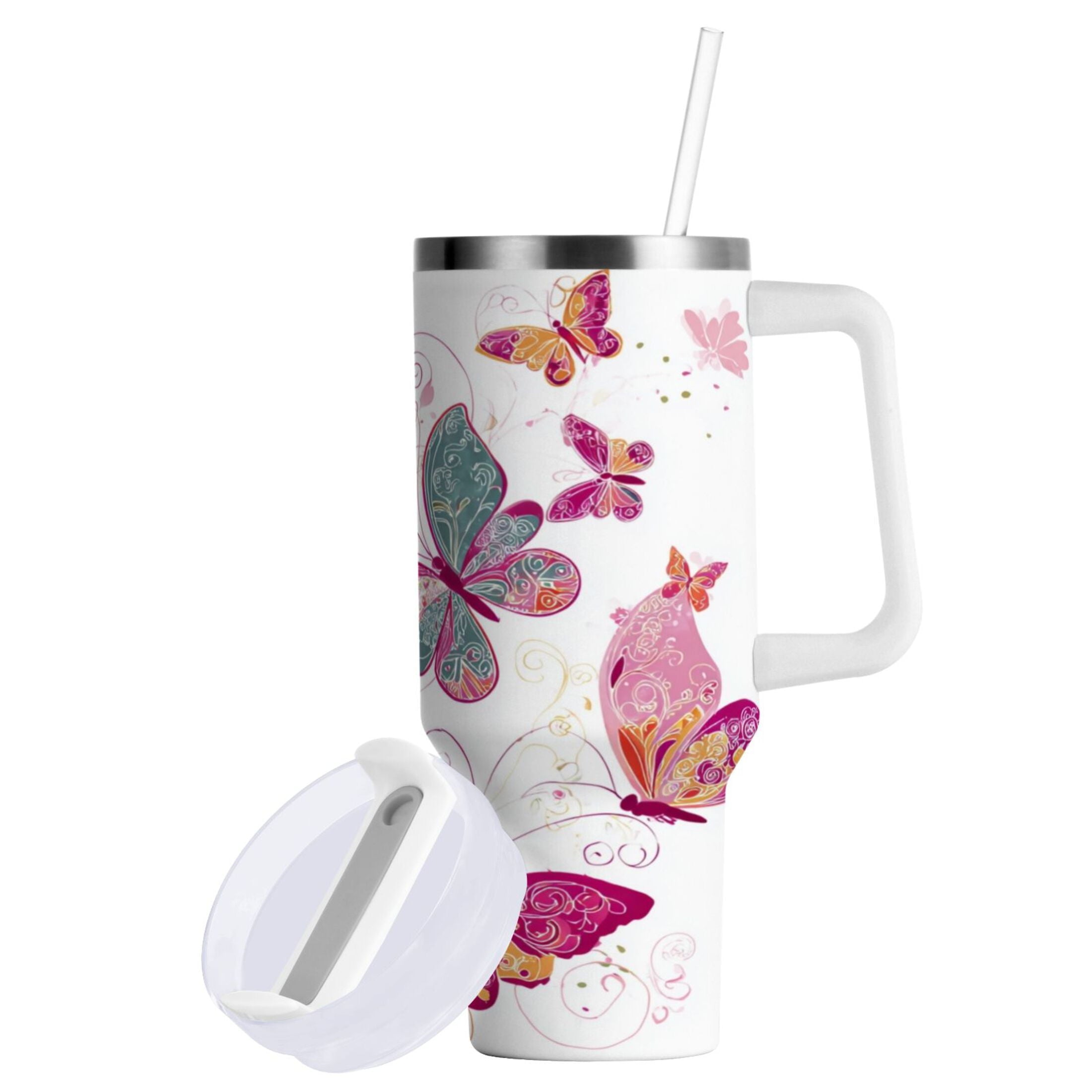 30 oz Insulated Stainless Steel Tumbler Double Wall Stainless Steel Tumbler with 2-Way Drinking Colorful Butterflies 25QE