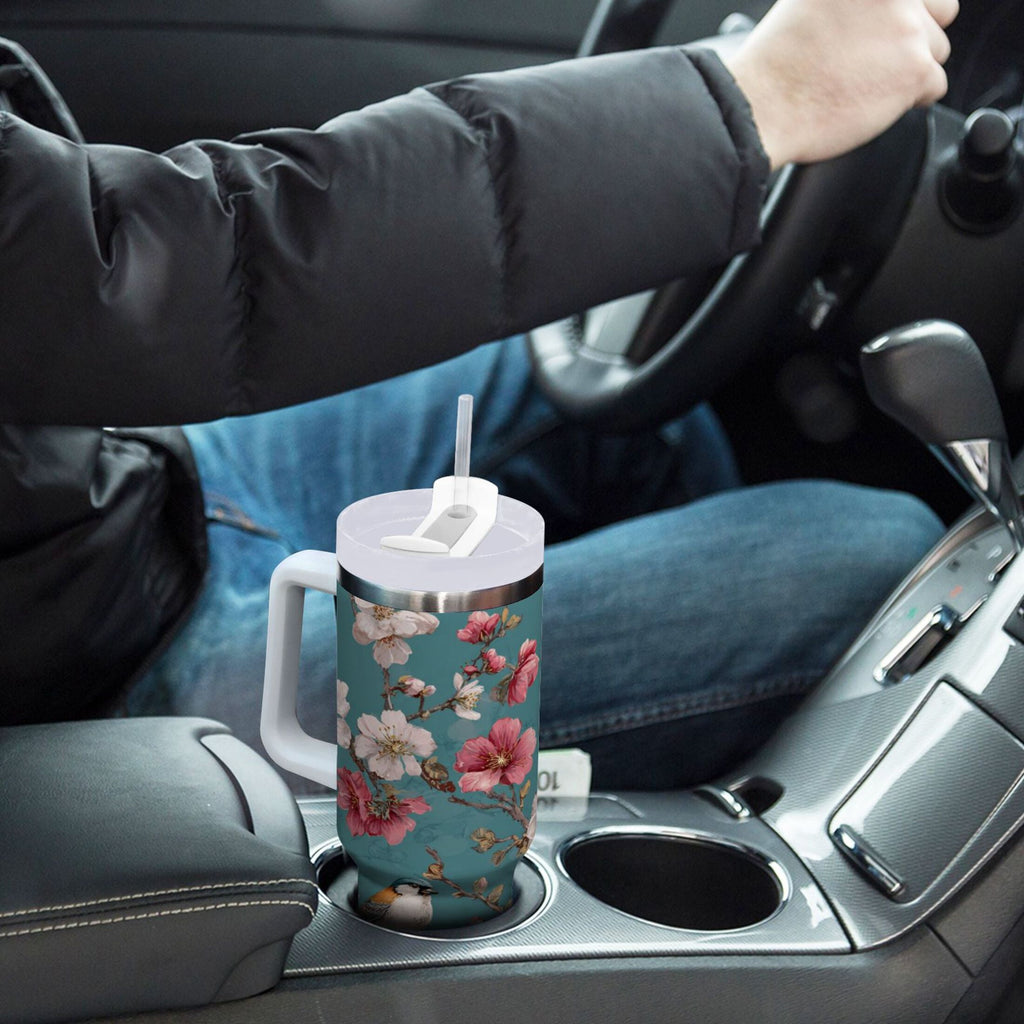 30 oz Insulated Stainless Steel Tumbler Double Wall Stainless Steel Tumbler with 2-Way Drinking Birds and Cherry Pattern TNXK