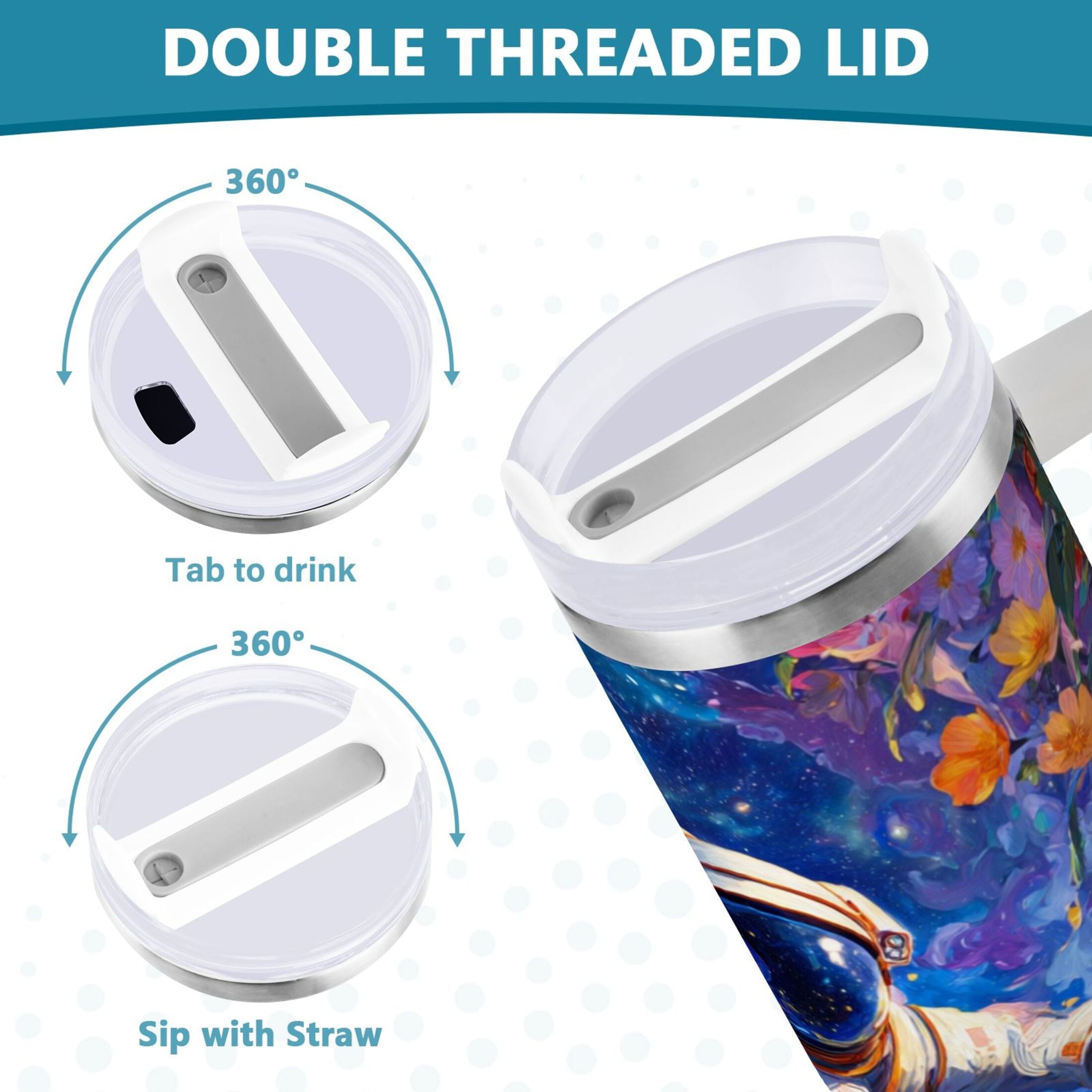 40 oz Insulated Stainless Steel Tumbler Double Wall Stainless Steel Tumbler with 2-Way Drinking Astronaut and Colorful Flowers 2CCT