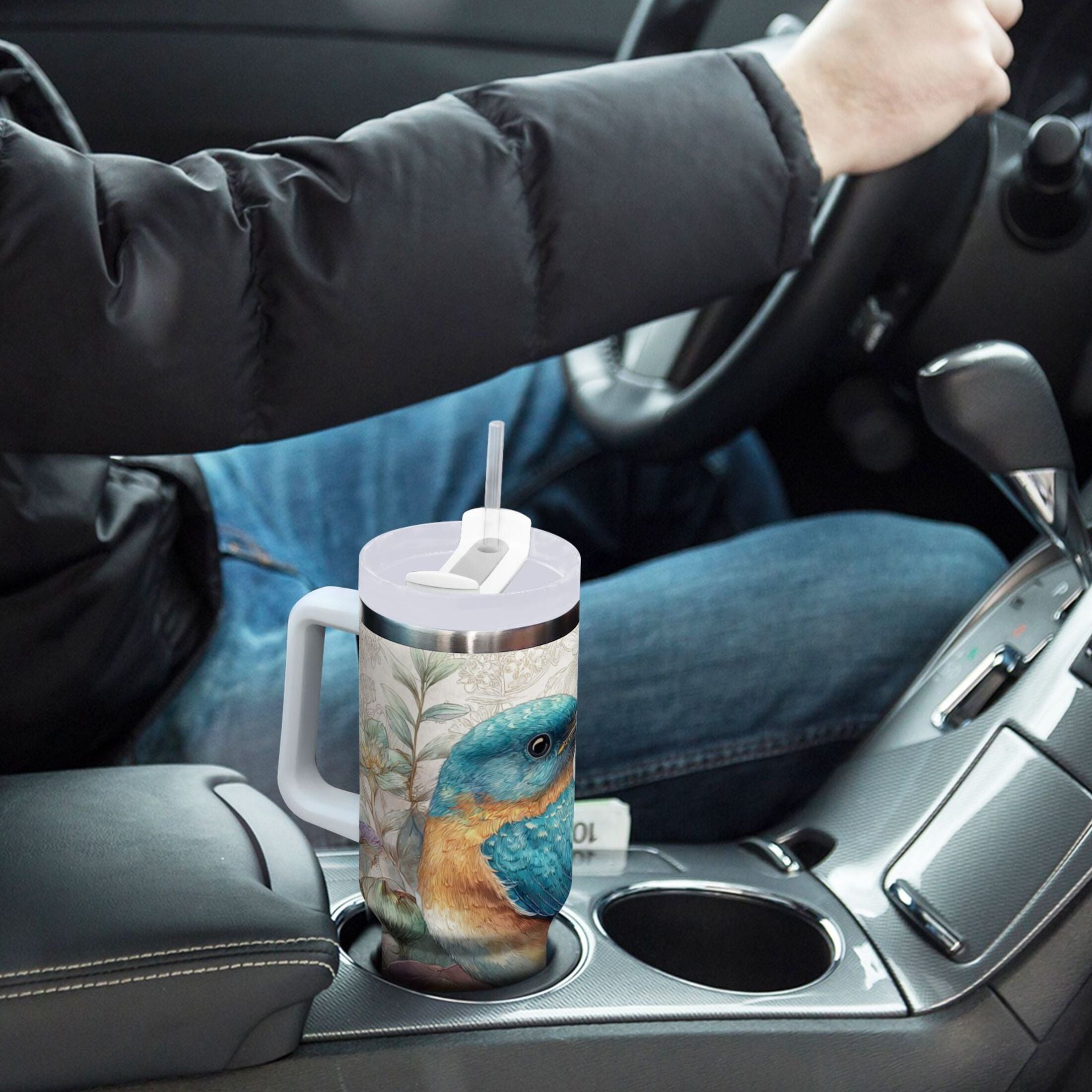 30 oz Insulated Stainless Steel Tumbler Double Wall Stainless Steel Tumbler with 2-Way Drinking Bluebird and Flower T4GS