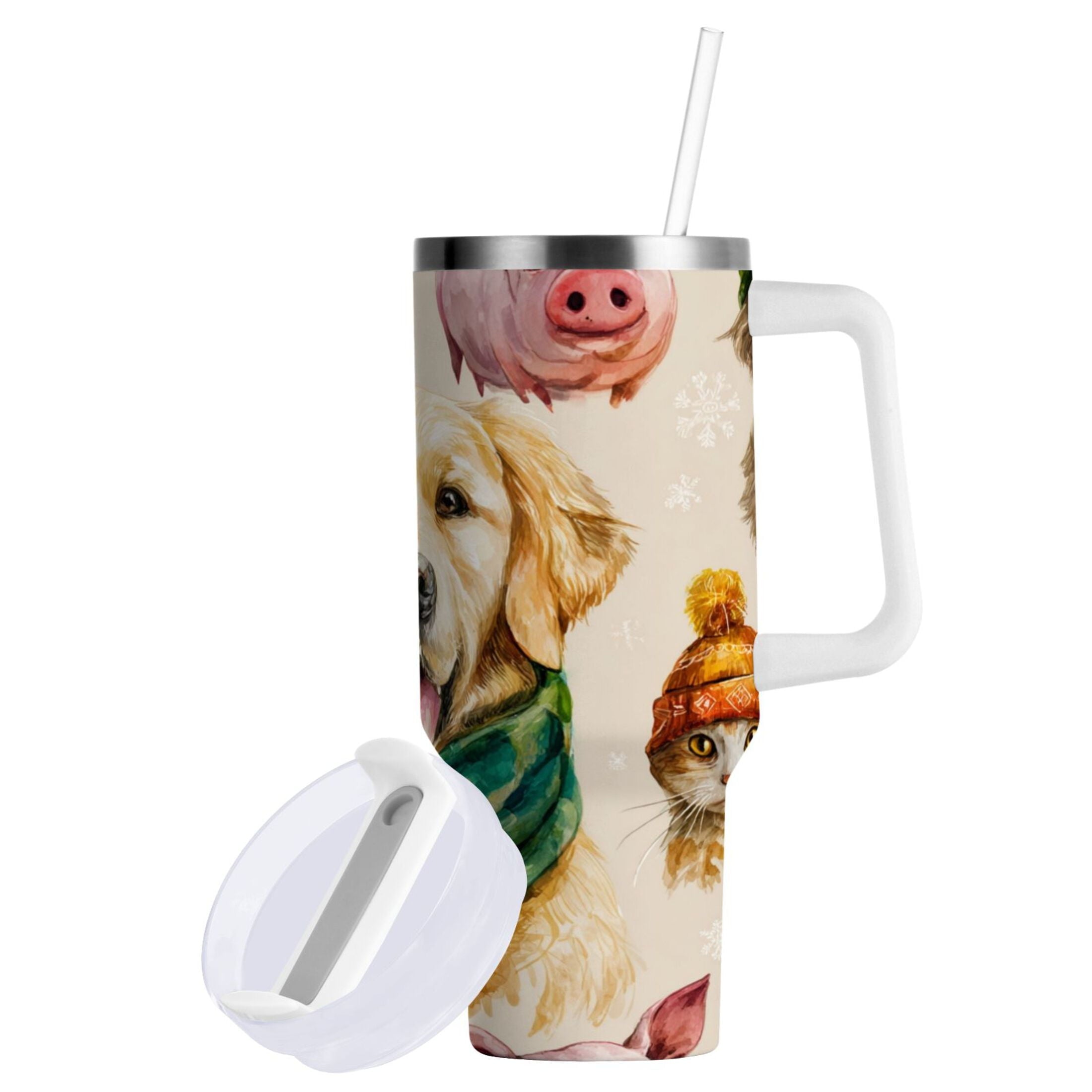 30 oz Insulated Stainless Steel Tumbler Double Wall Stainless Steel Tumbler with 2-Way Drinking Watercolor Animals Pattern FZN4