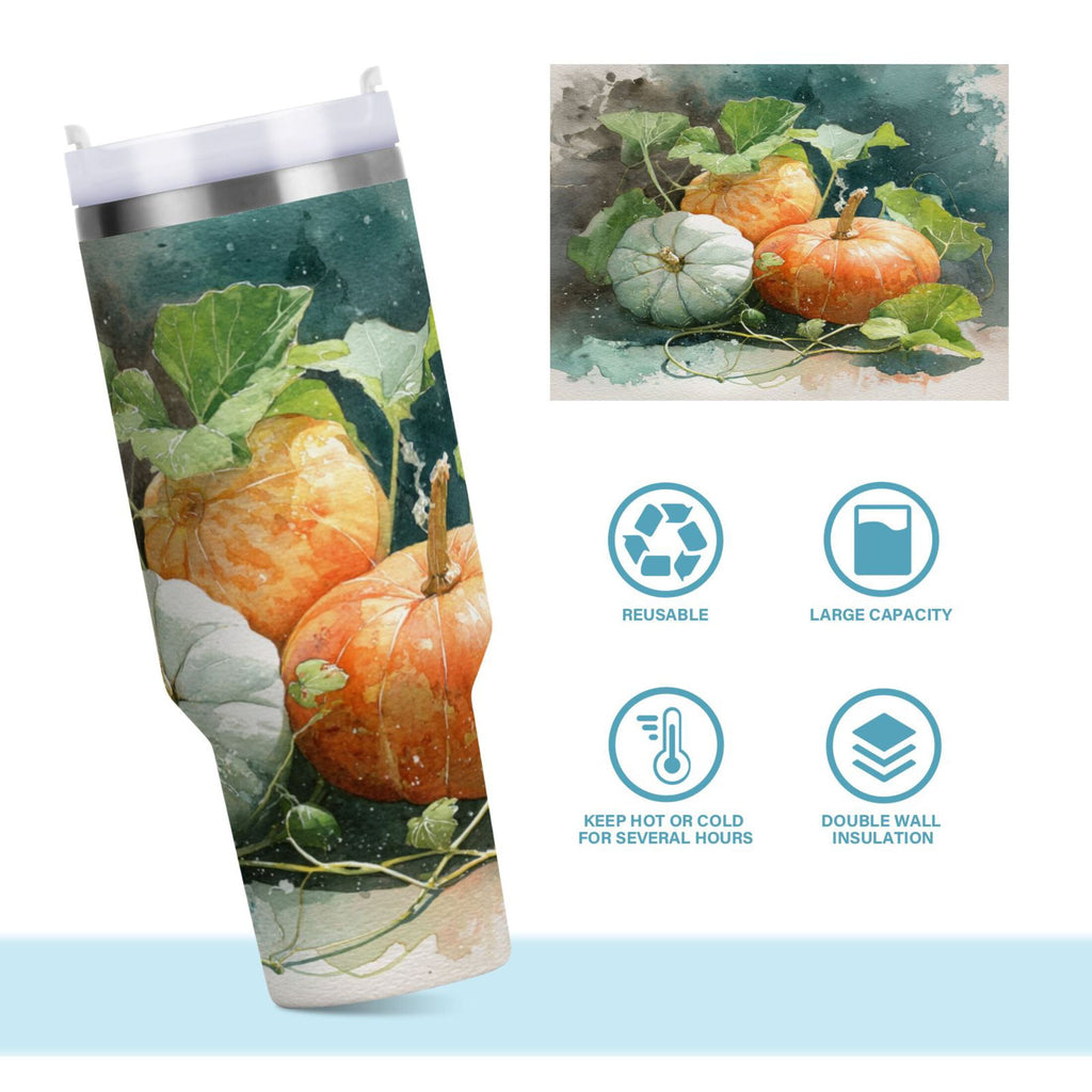 40 oz Insulated Stainless Steel Tumbler Double Wall Stainless Steel Tumbler with 2-Way Drinking Orange and White Pumpkins Y465