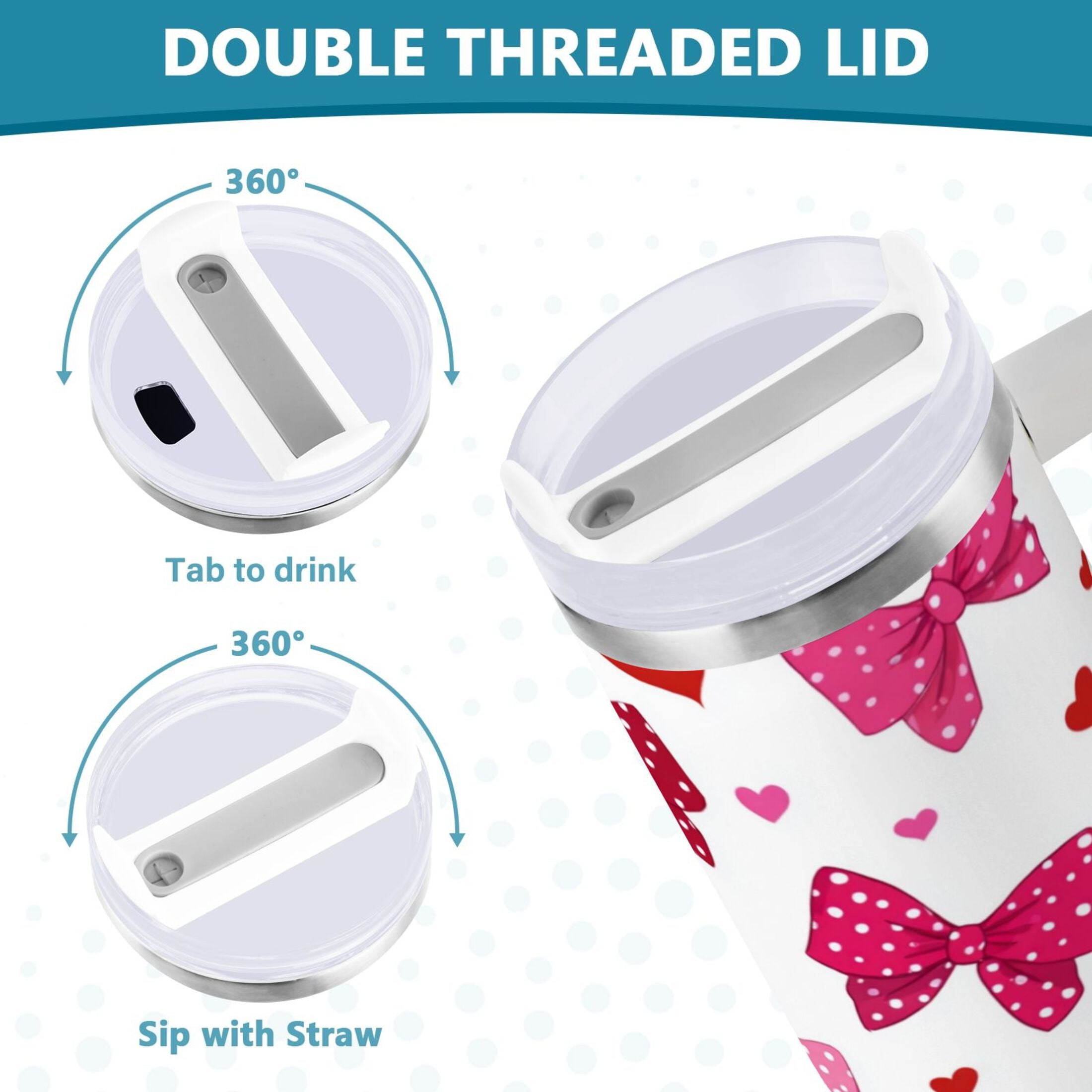 30 oz Insulated Stainless Steel Tumbler Double Wall Stainless Steel Tumbler with 2-Way Drinking Red and Pink Bows 7LBE