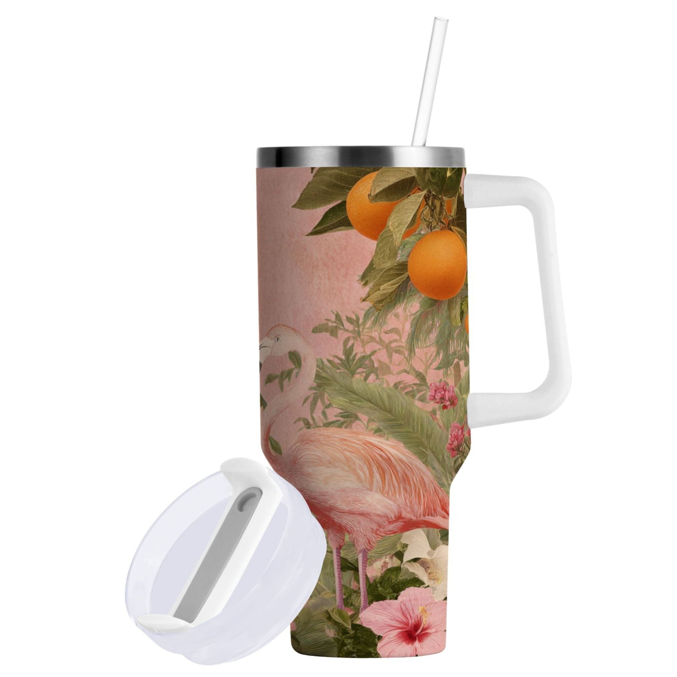 40 oz Insulated Stainless Steel Tumbler Double Wall Stainless Steel Tumbler with 2-Way Drinking Flamingos in Tropical Garden RY99