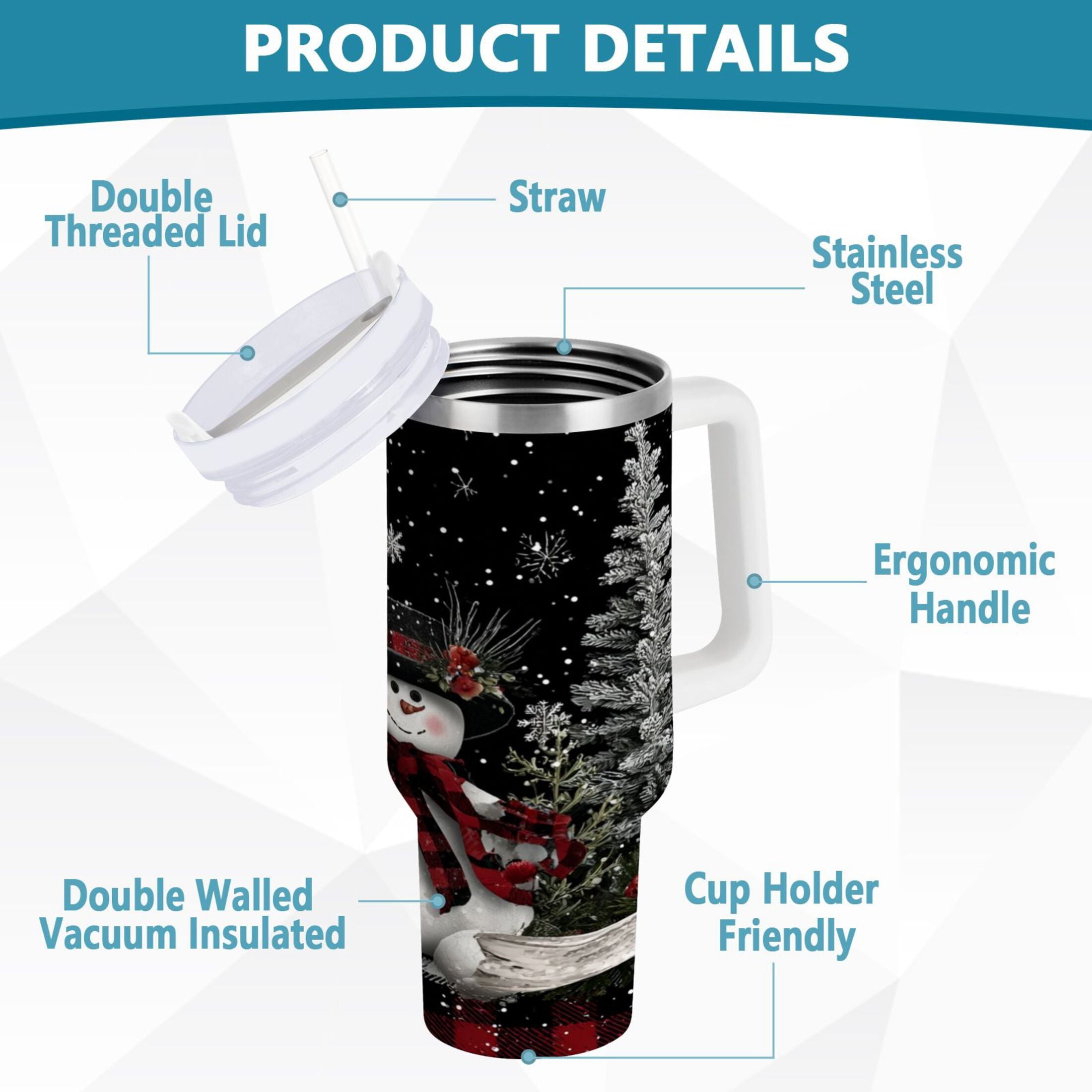 30 oz Insulated Stainless Steel Tumbler Double Wall Stainless Steel Tumbler with 2-Way Drinking Christmas Snowman KLGM
