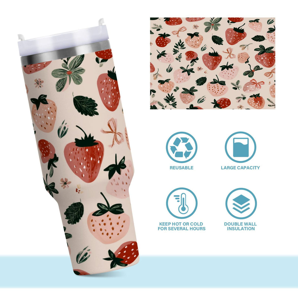 30 oz Insulated Stainless Steel Tumbler Double Wall Stainless Steel Tumbler with 2-Way Drinking Cute Pinks Strawberries WZLV