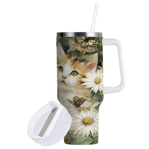 30 oz Insulated Stainless Steel Tumbler Double Wall Stainless Steel Tumbler with 2-Way Drinking Adorable Cats and Daisies GBGW