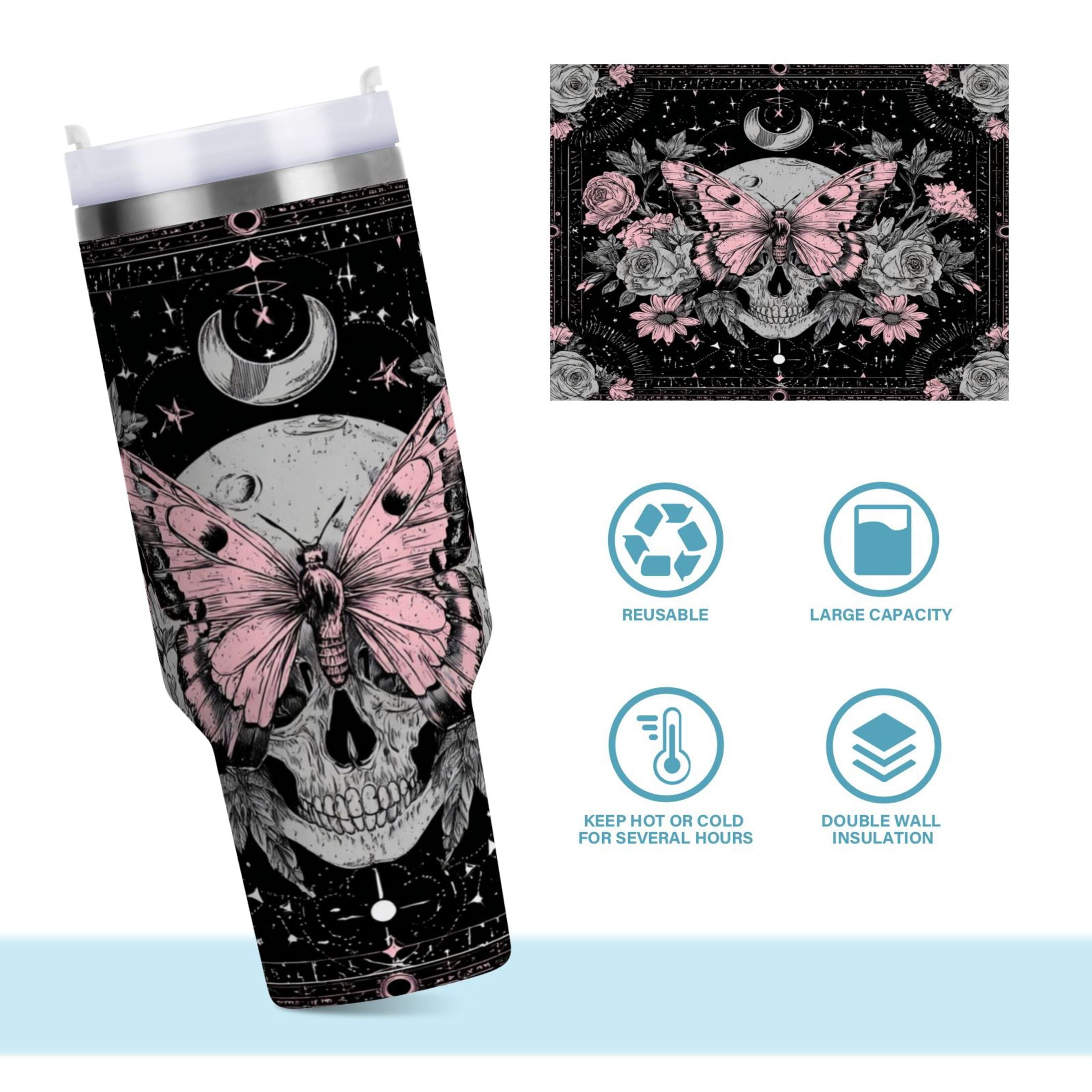 30 oz Insulated Stainless Steel Tumbler Double Wall Stainless Steel Tumbler with 2-Way Drinking Butterfly by Moon and Flowers ZOYE