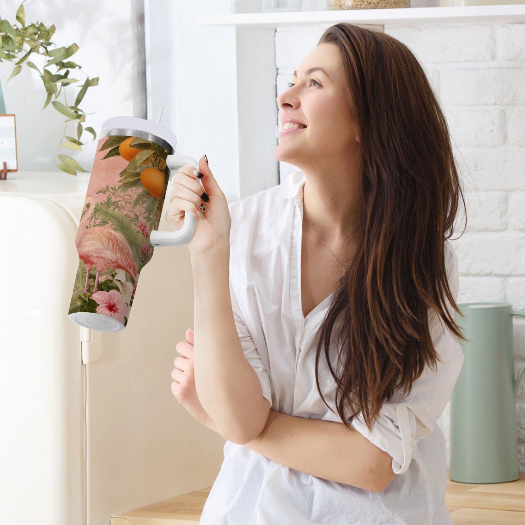 40 oz Insulated Stainless Steel Tumbler Double Wall Stainless Steel Tumbler with 2-Way Drinking Flamingos in Tropical Garden RY99