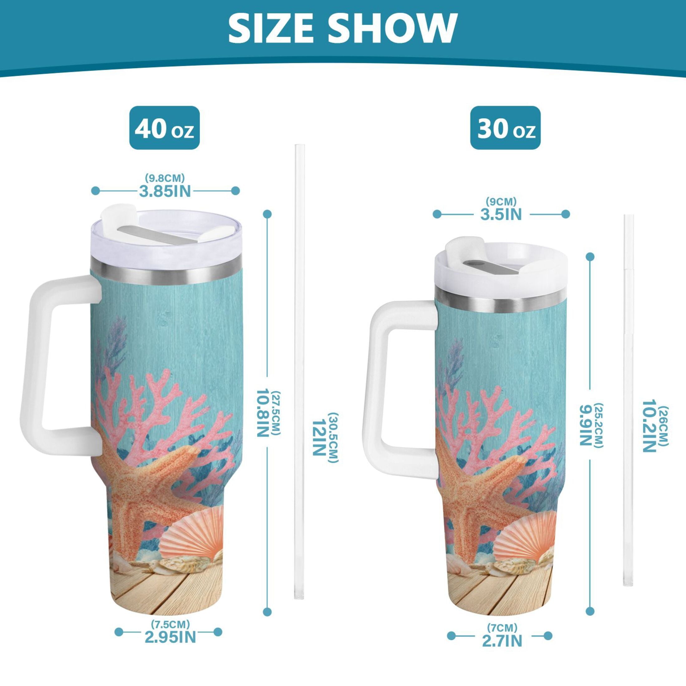 40 oz Insulated Stainless Steel Tumbler Double Wall Stainless Steel Tumbler with 2-Way Drinking Colorful Starfish and Seashells 9SSB