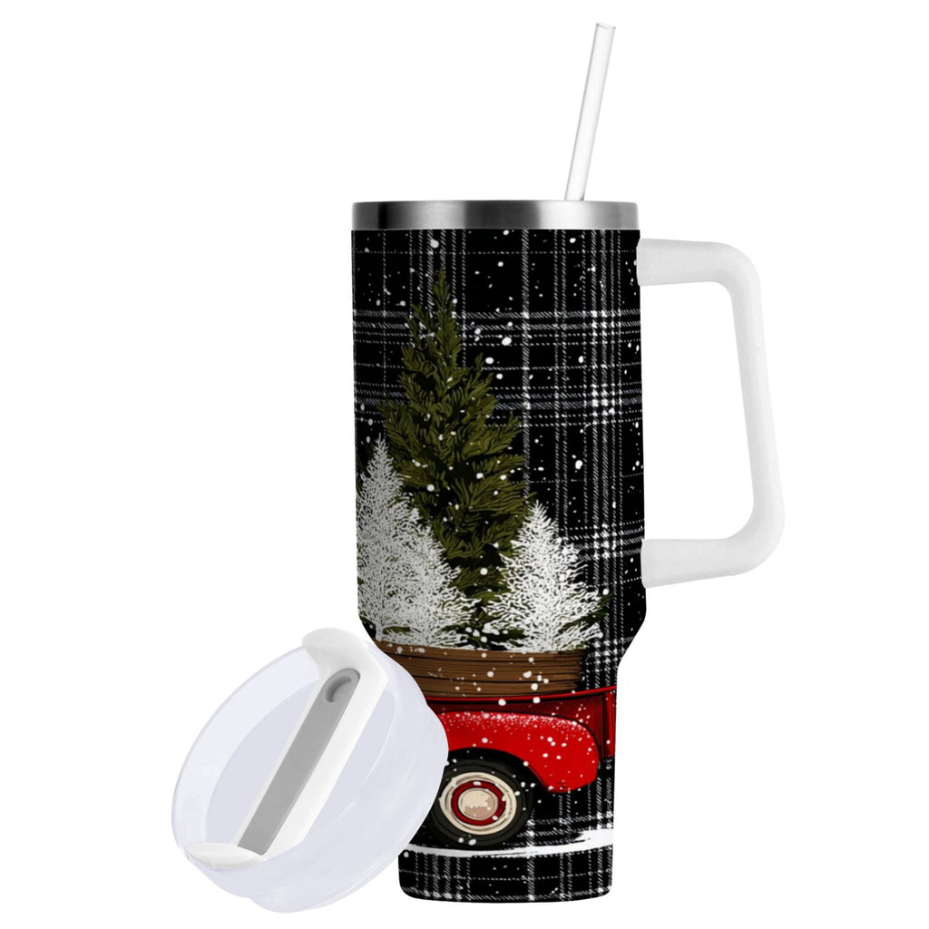 40 oz Insulated Stainless Steel Tumbler Double Wall Stainless Steel Tumbler with 2-Way Drinking Red Truck with Christmas Tree H1CN