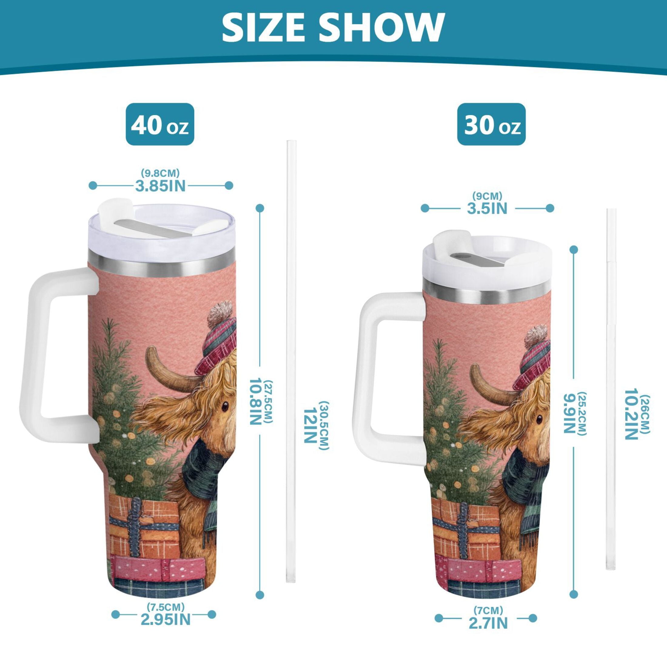 30 oz Insulated Stainless Steel Tumbler Double Wall Stainless Steel Tumbler with 2-Way Drinking Cow Wearing Scarf and Hat XMXO