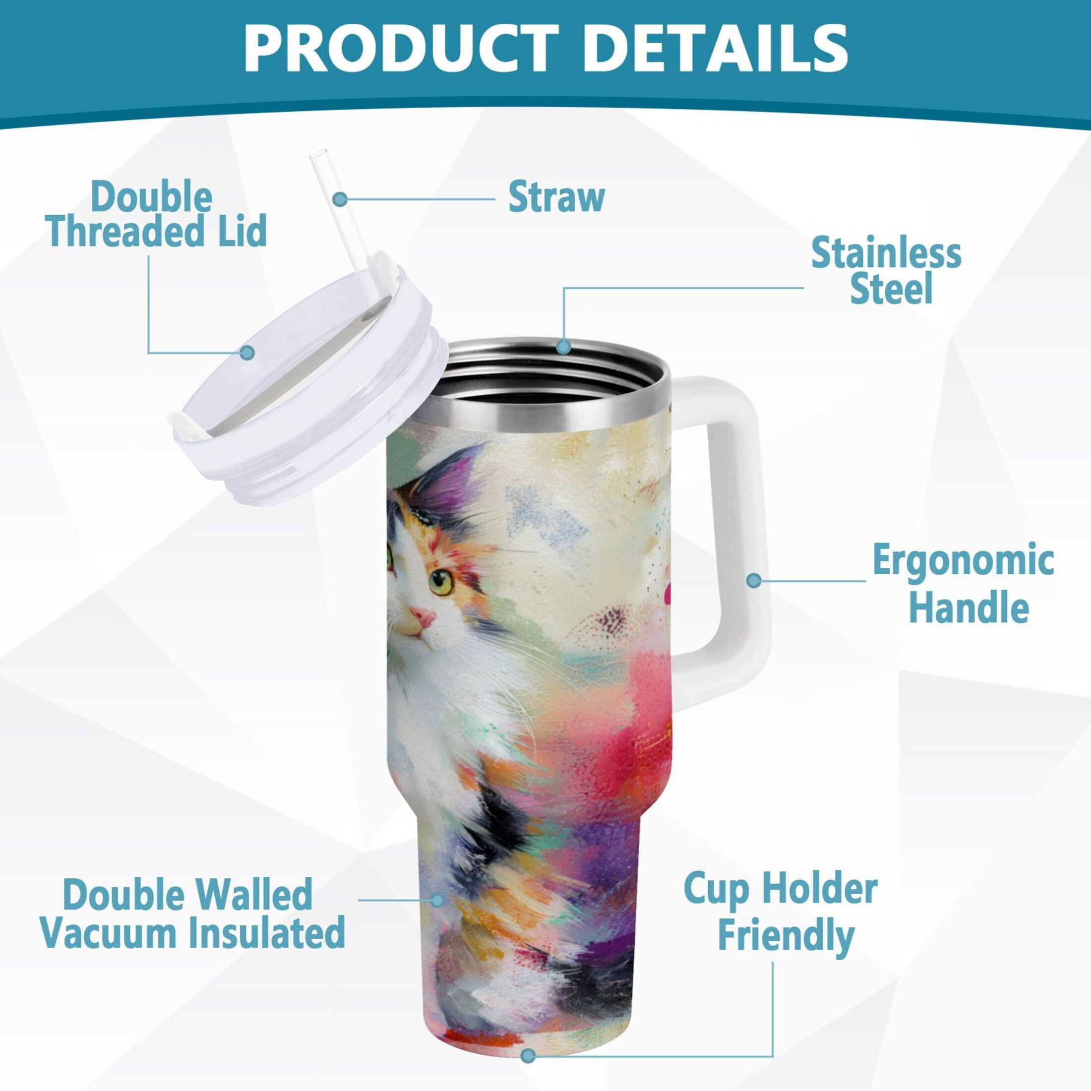 30 oz Insulated Stainless Steel Tumbler Double Wall Stainless Steel Tumbler with 2-Way Drinking Charming Hairy Cat B3QM