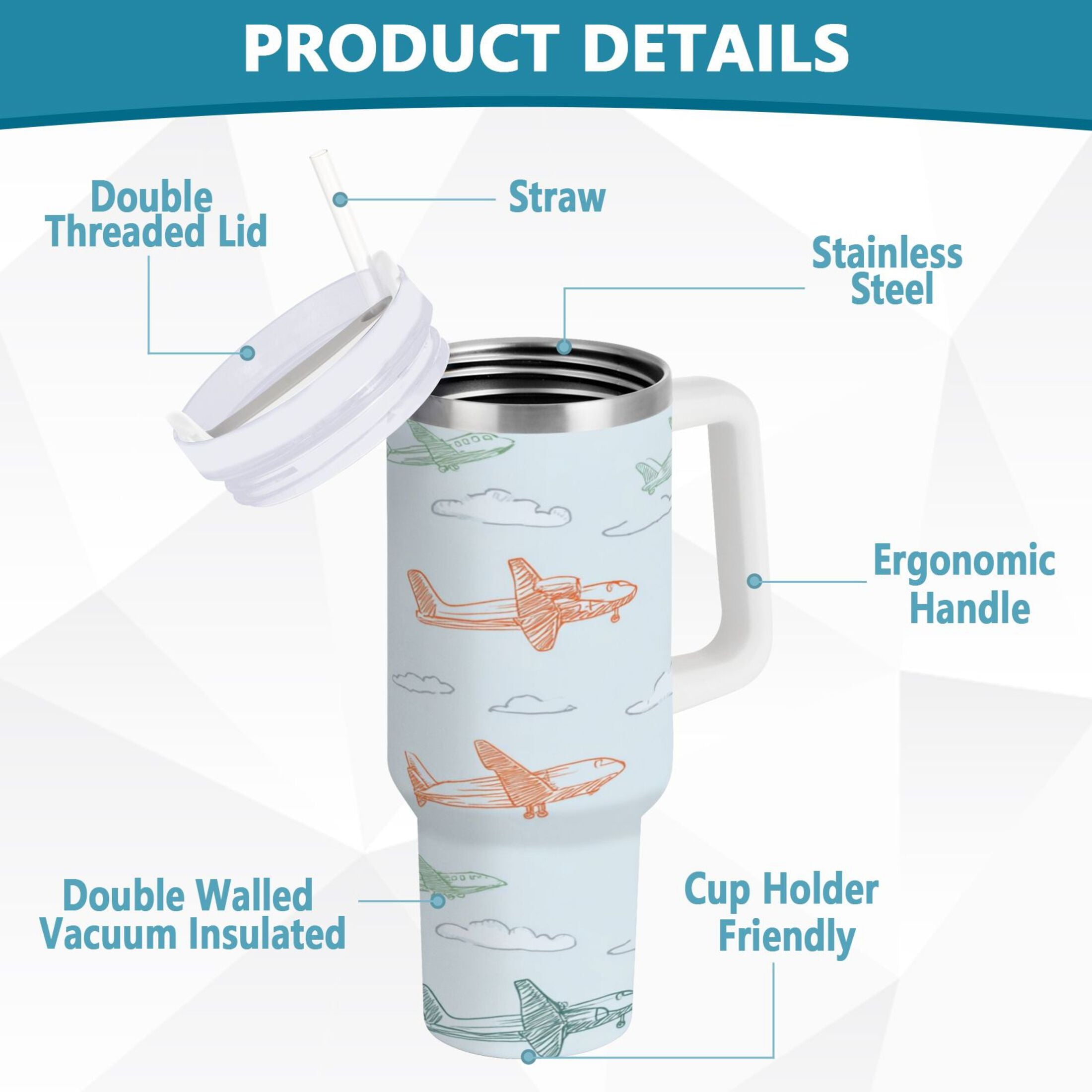 30 oz Insulated Stainless Steel Tumbler Double Wall Stainless Steel Tumbler with 2-Way Drinking Pastel Doodle Airplanes SUOH