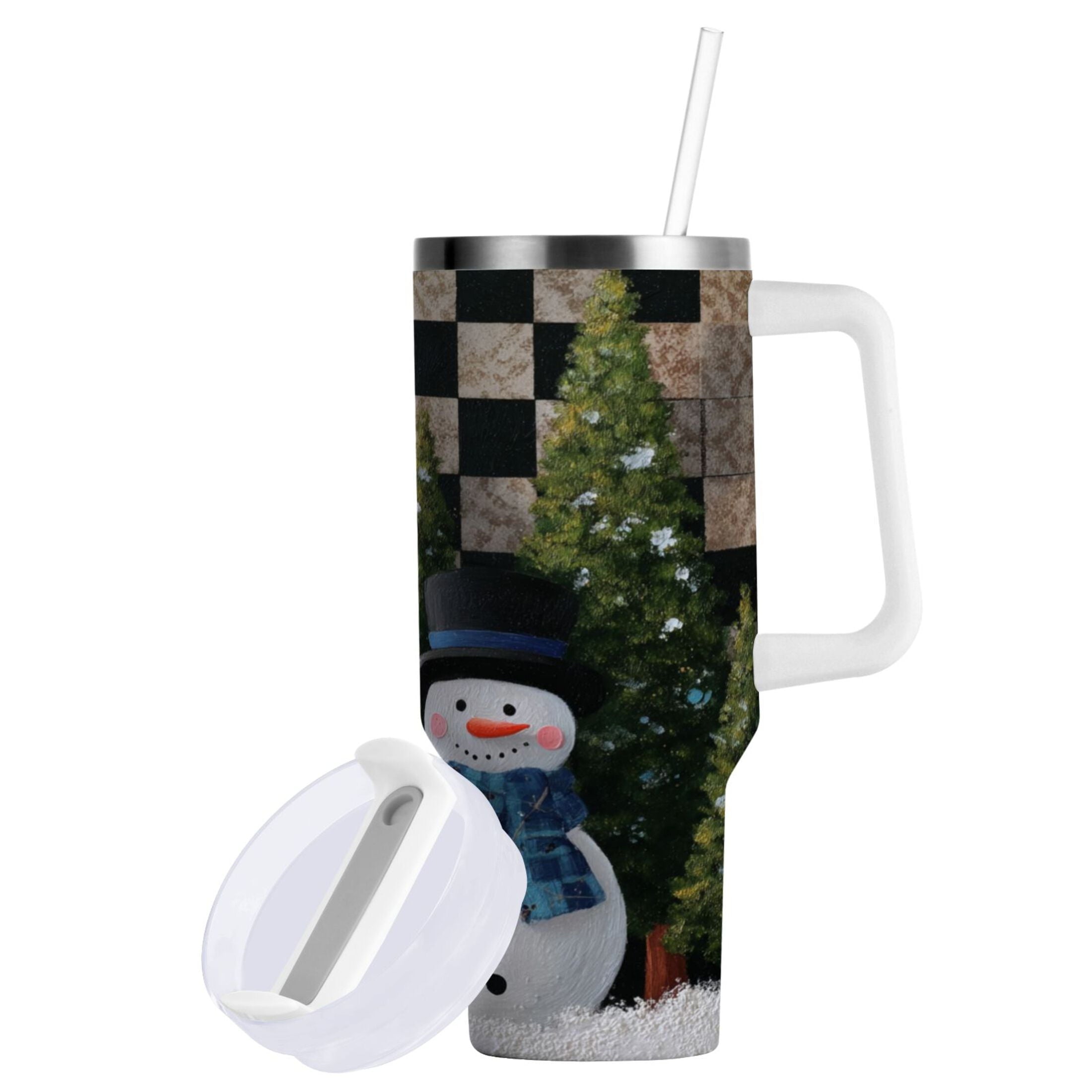 30 oz Insulated Stainless Steel Tumbler Double Wall Stainless Steel Tumbler with 2-Way Drinking Two Snowmen Pattern SIIJ