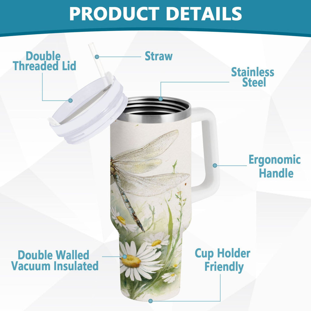 30 oz Insulated Stainless Steel Tumbler Double Wall Stainless Steel Tumbler with 2-Way Drinking Dragonflies with White Daisies RRPZ