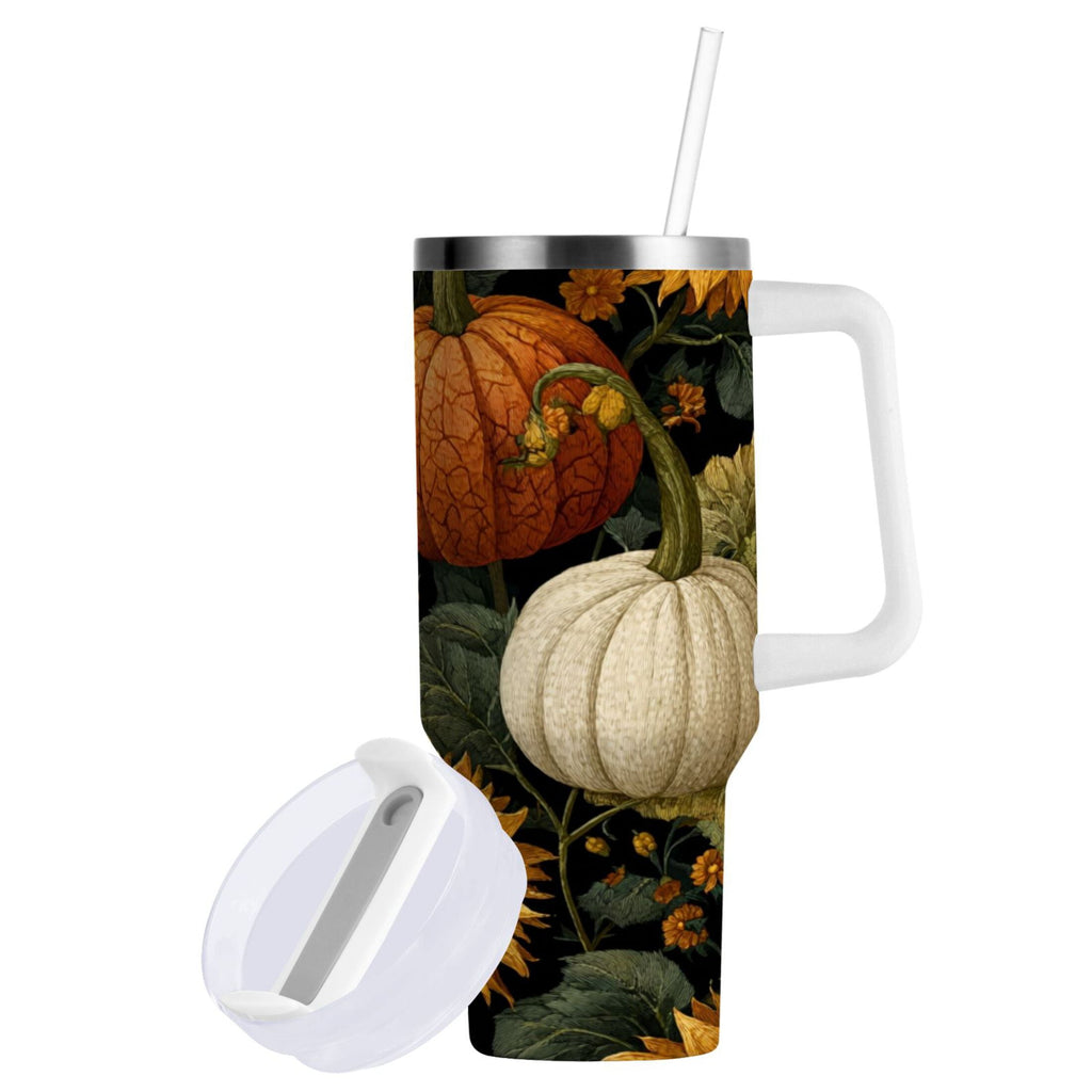 40 oz Insulated Stainless Steel Tumbler Double Wall Stainless Steel Tumbler with 2-Way Drinking Pumpkins and Sunflowers Pattern RK8B