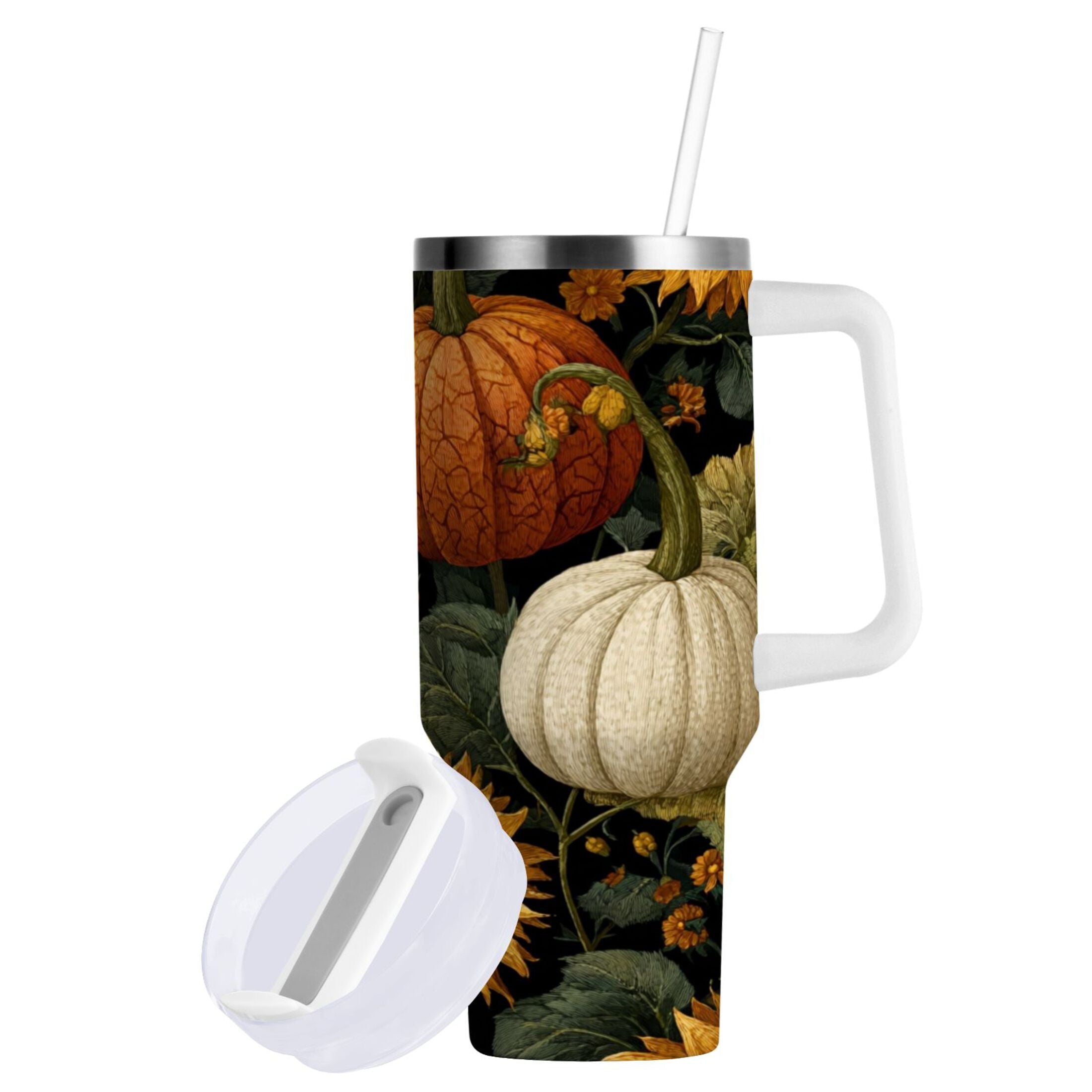 40 oz Insulated Stainless Steel Tumbler Double Wall Stainless Steel Tumbler with 2-Way Drinking Pumpkins and Sunflowers Pattern RK8B