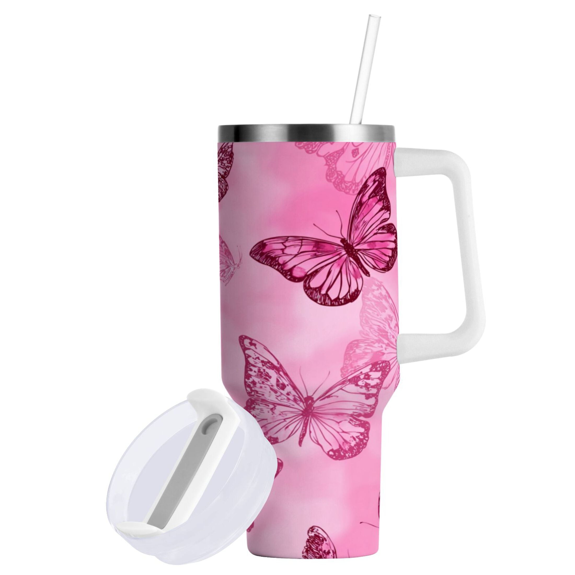 40 oz Insulated Stainless Steel Tumbler Double Wall Stainless Steel Tumbler with 2-Way Drinking Pink Butterfly Pattern GWES