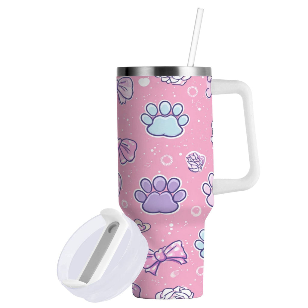 30 oz Insulated Stainless Steel Tumbler Double Wall Stainless Steel Tumbler with 2-Way Drinking Dog Paw Prints and Bows MYED