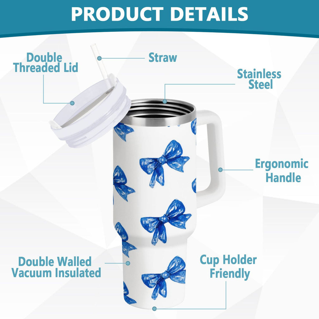 30 oz Insulated Stainless Steel Tumbler Double Wall Stainless Steel Tumbler with 2-Way Drinking Blue Bows Pattern 5UV7