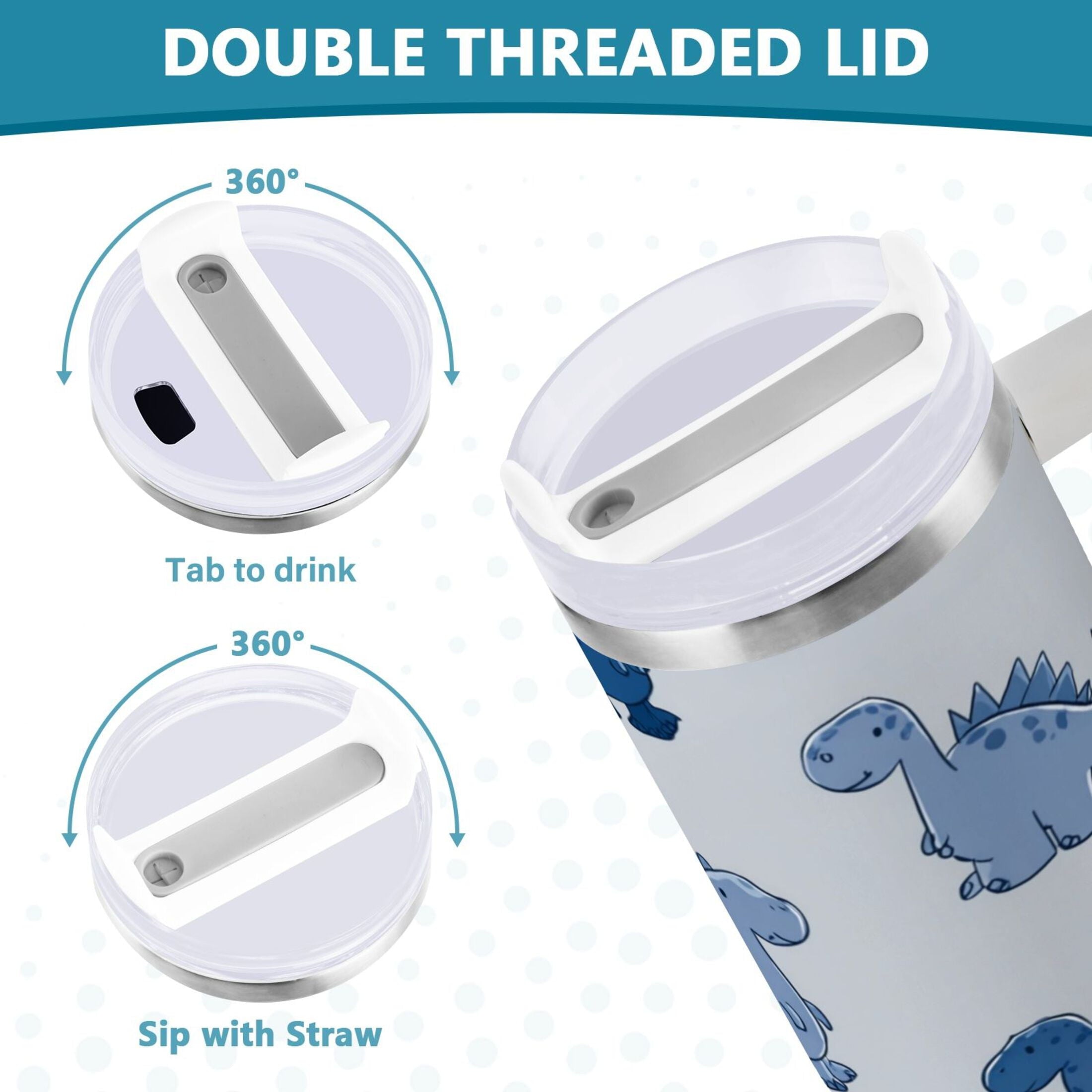 30 oz Insulated Stainless Steel Tumbler Double Wall Stainless Steel Tumbler with 2-Way Drinking Cute Blue Dinosaurs TKRP