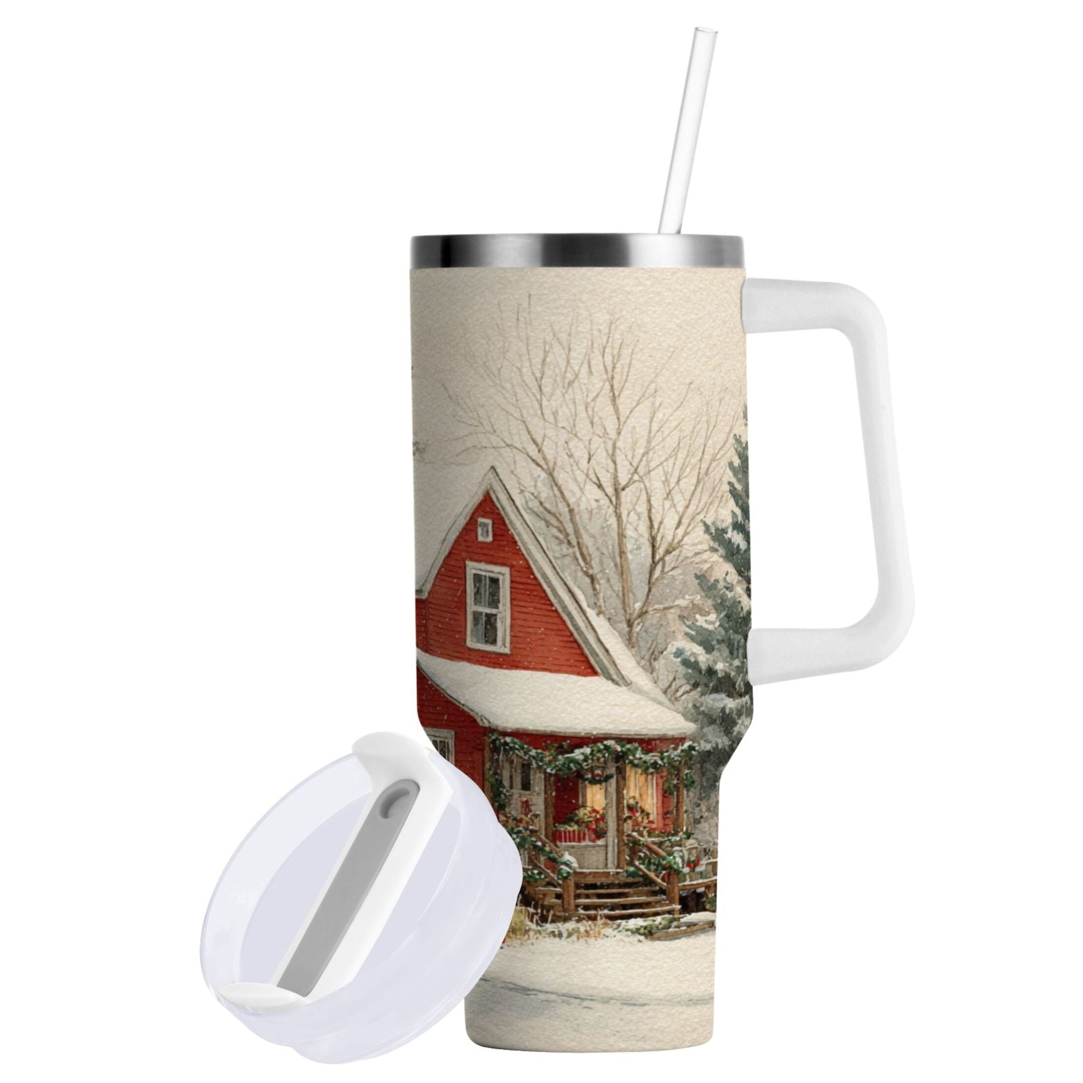 40 oz Insulated Stainless Steel Tumbler Double Wall Stainless Steel Tumbler with 2-Way Drinking House with Snow-covered Roof 10L5