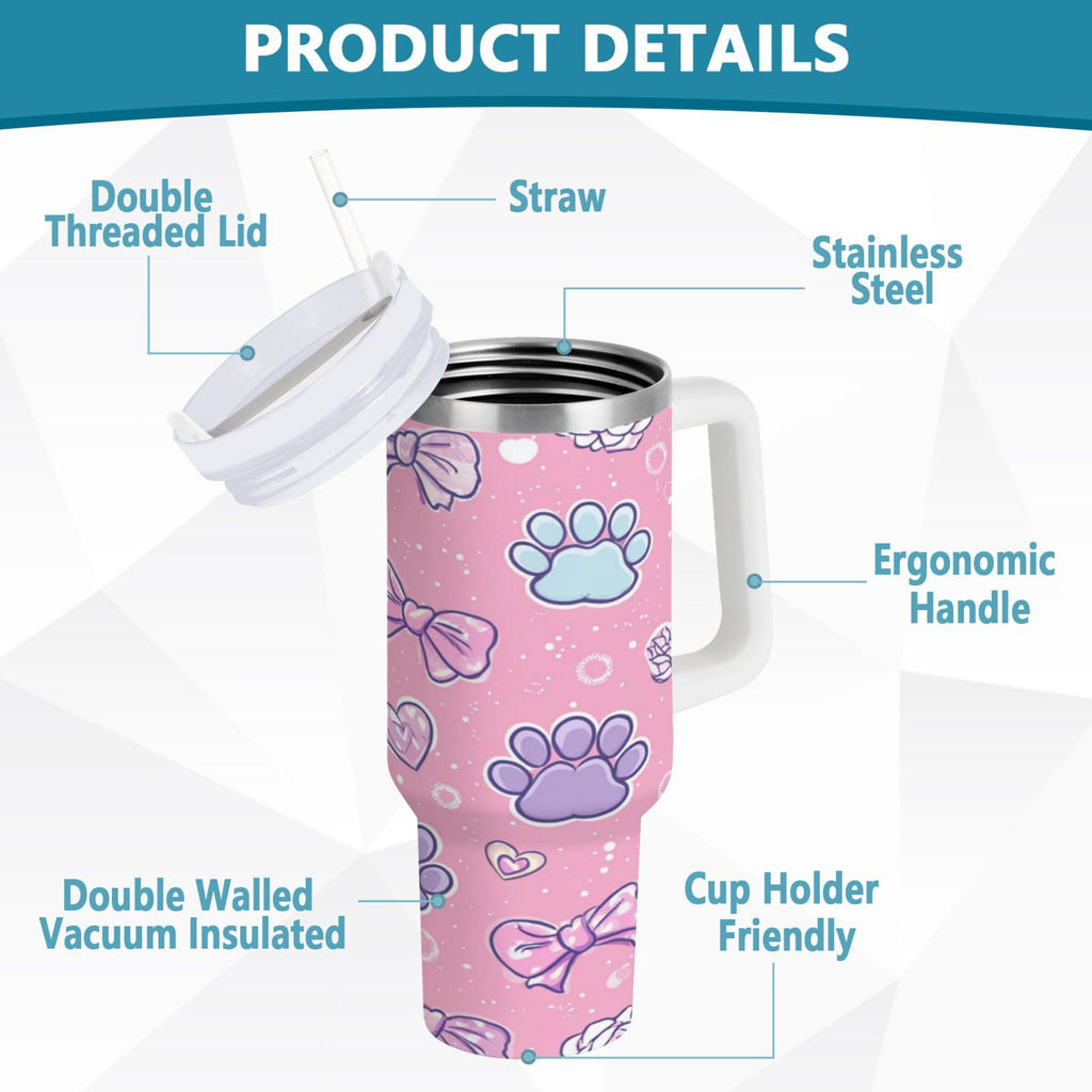30 oz Insulated Stainless Steel Tumbler Double Wall Stainless Steel Tumbler with 2-Way Drinking Dog Paw Prints and Bows MYED