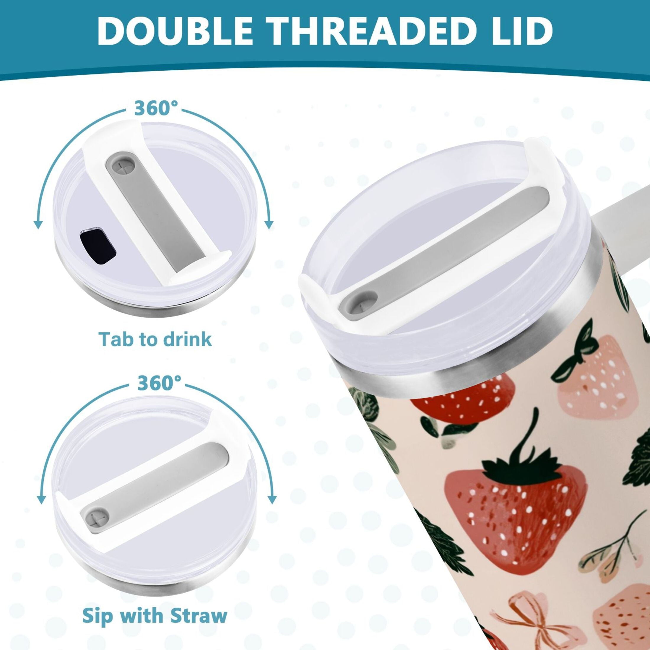 30 oz Insulated Stainless Steel Tumbler Double Wall Stainless Steel Tumbler with 2-Way Drinking Cute Pinks Strawberries WZLV