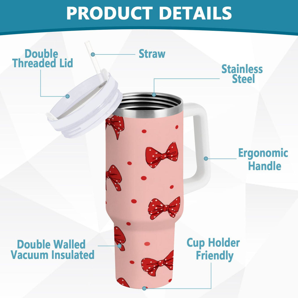 40 oz Insulated Stainless Steel Tumbler Double Wall Stainless Steel Tumbler with 2-Way Drinking Red Bows and Polka Dots YVSX