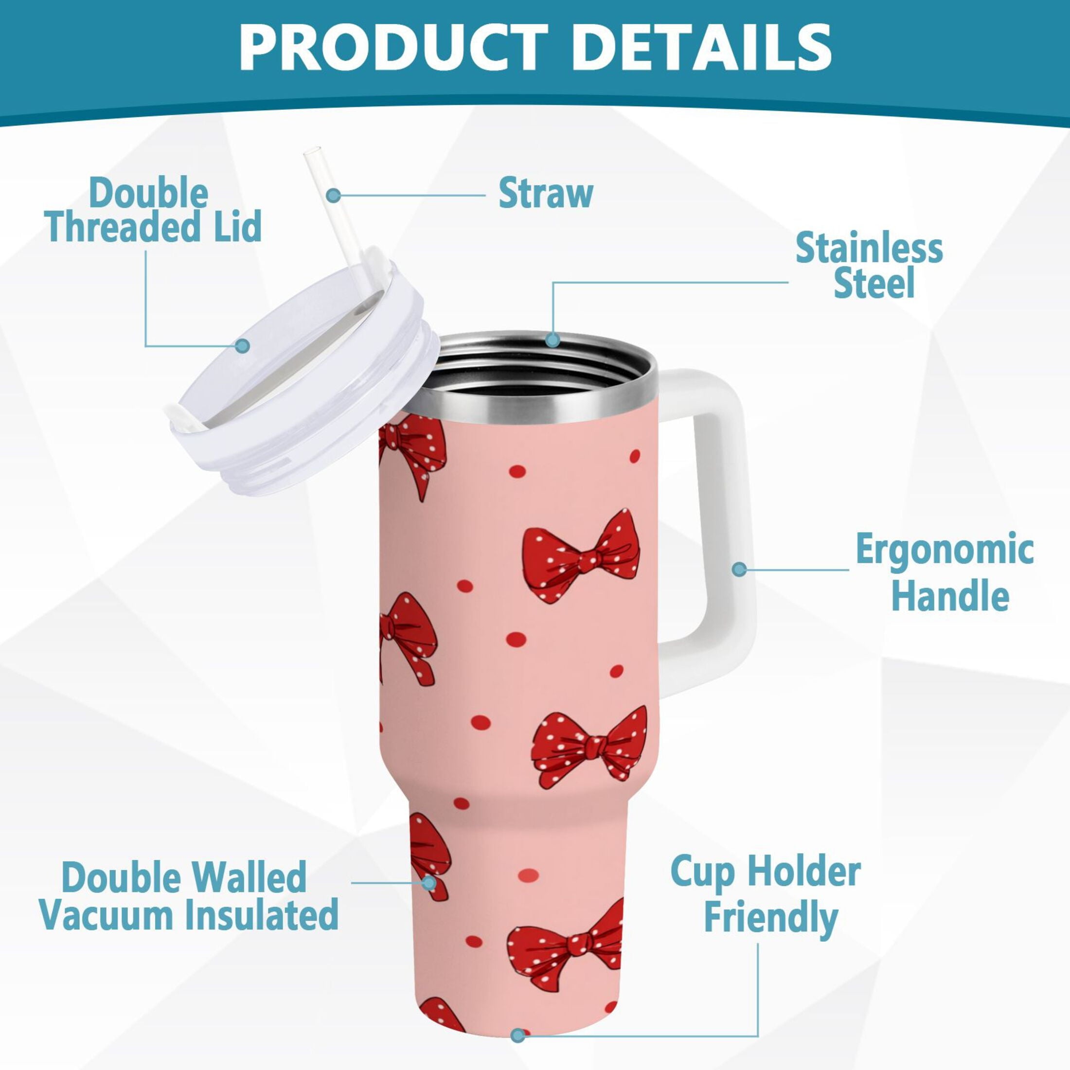 40 oz Insulated Stainless Steel Tumbler Double Wall Stainless Steel Tumbler with 2-Way Drinking Red Bows and Polka Dots YVSX