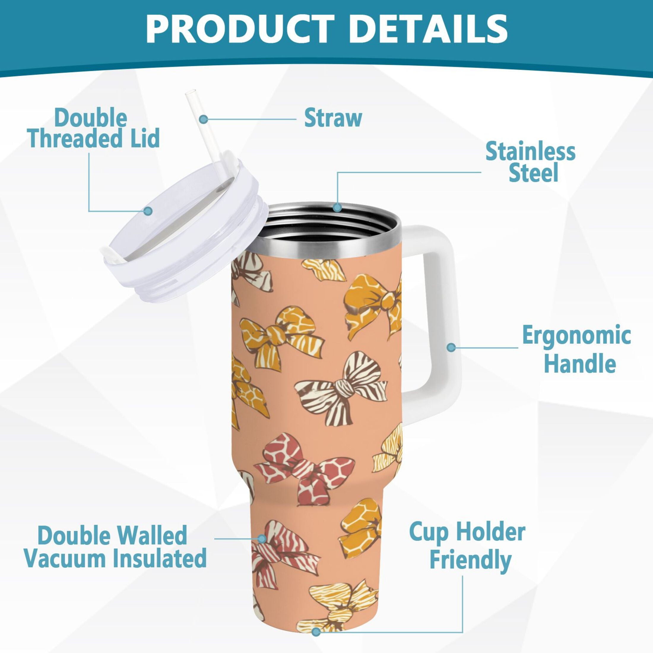 40 oz Insulated Stainless Steel Tumbler Double Wall Stainless Steel Tumbler with 2-Way Drinking Cute Animal Print Bows MAHL