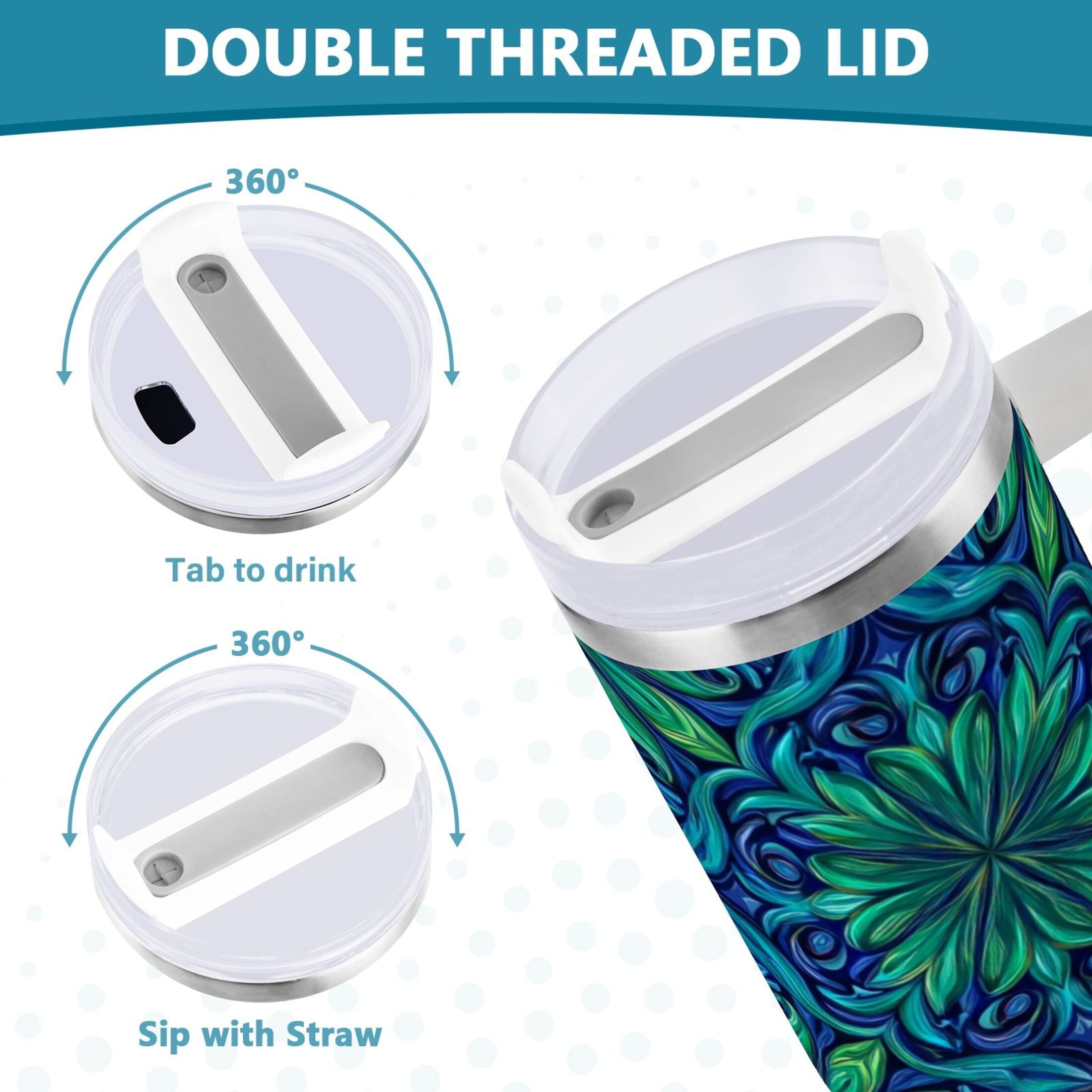 40 oz Insulated Stainless Steel Tumbler Double Wall Stainless Steel Tumbler with 2-Way Drinking Elegant Blue Traditional Patterns 99BN