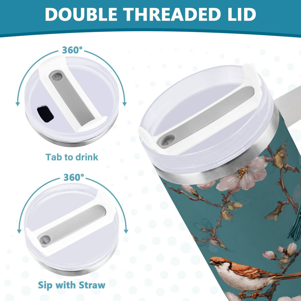 30 oz Insulated Stainless Steel Tumbler Double Wall Stainless Steel Tumbler with 2-Way Drinking Birds and Cherry Pattern TNXK