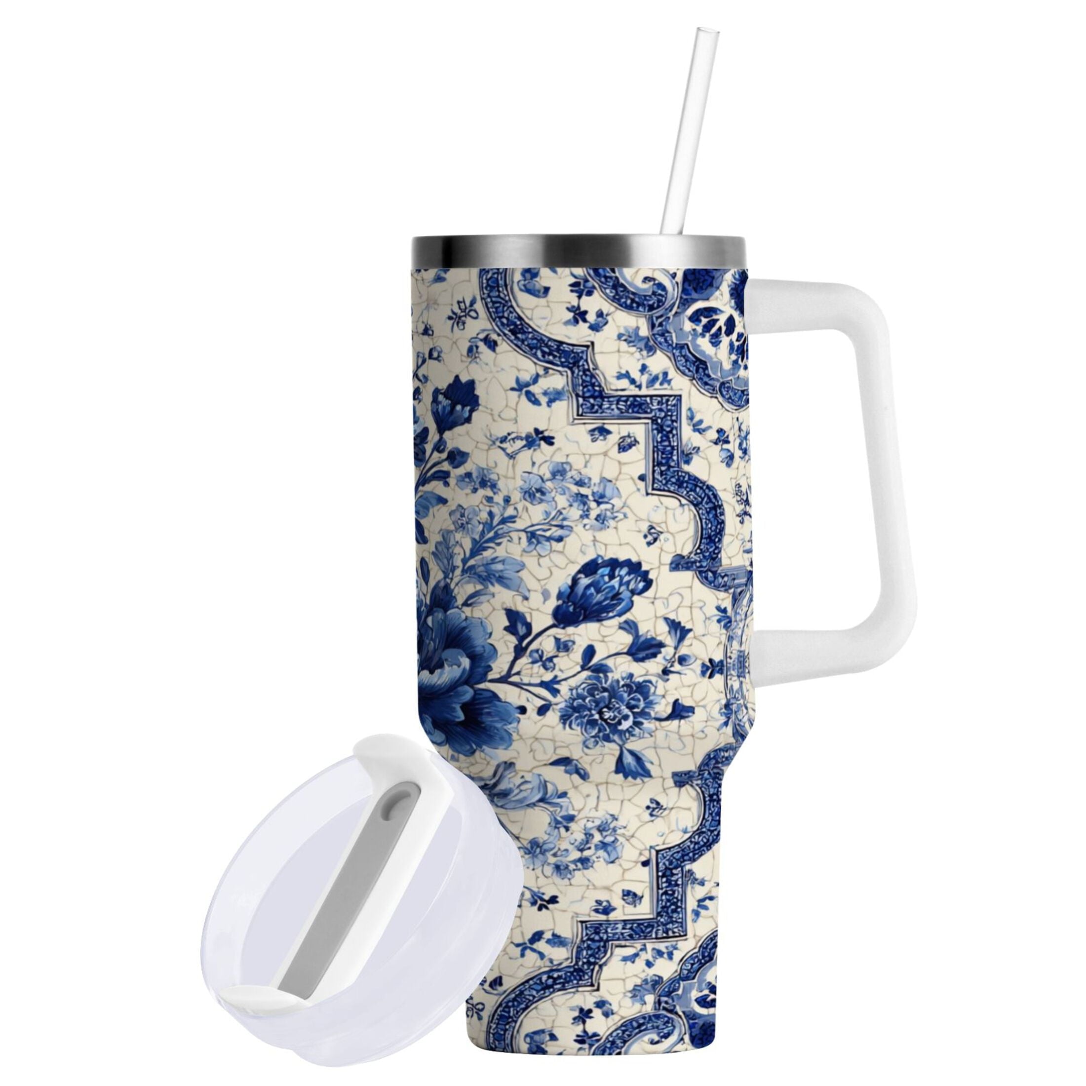 30 oz Insulated Stainless Steel Tumbler Double Wall Stainless Steel Tumbler with 2-Way Drinking Blue and White Porcelain-style YG7Z