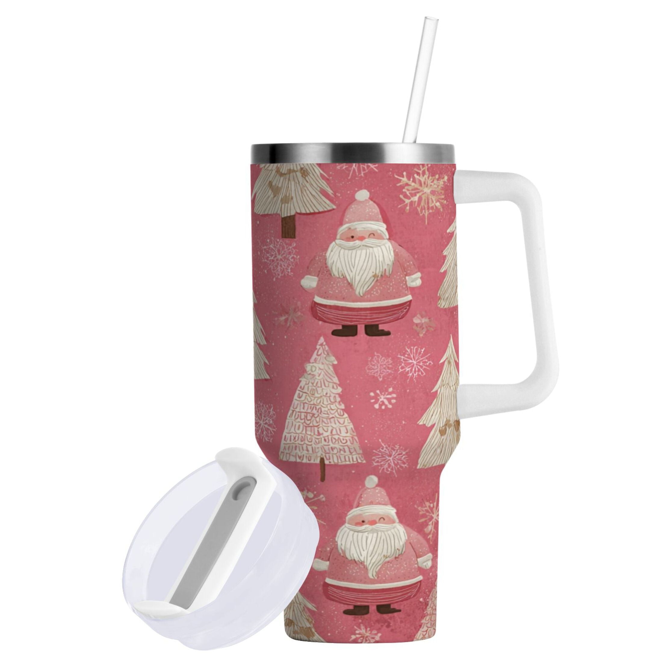 40 oz Insulated Stainless Steel Tumbler Double Wall Stainless Steel Tumbler with 2-Way Drinking Pink Santa Claus Pattern 5XYO
