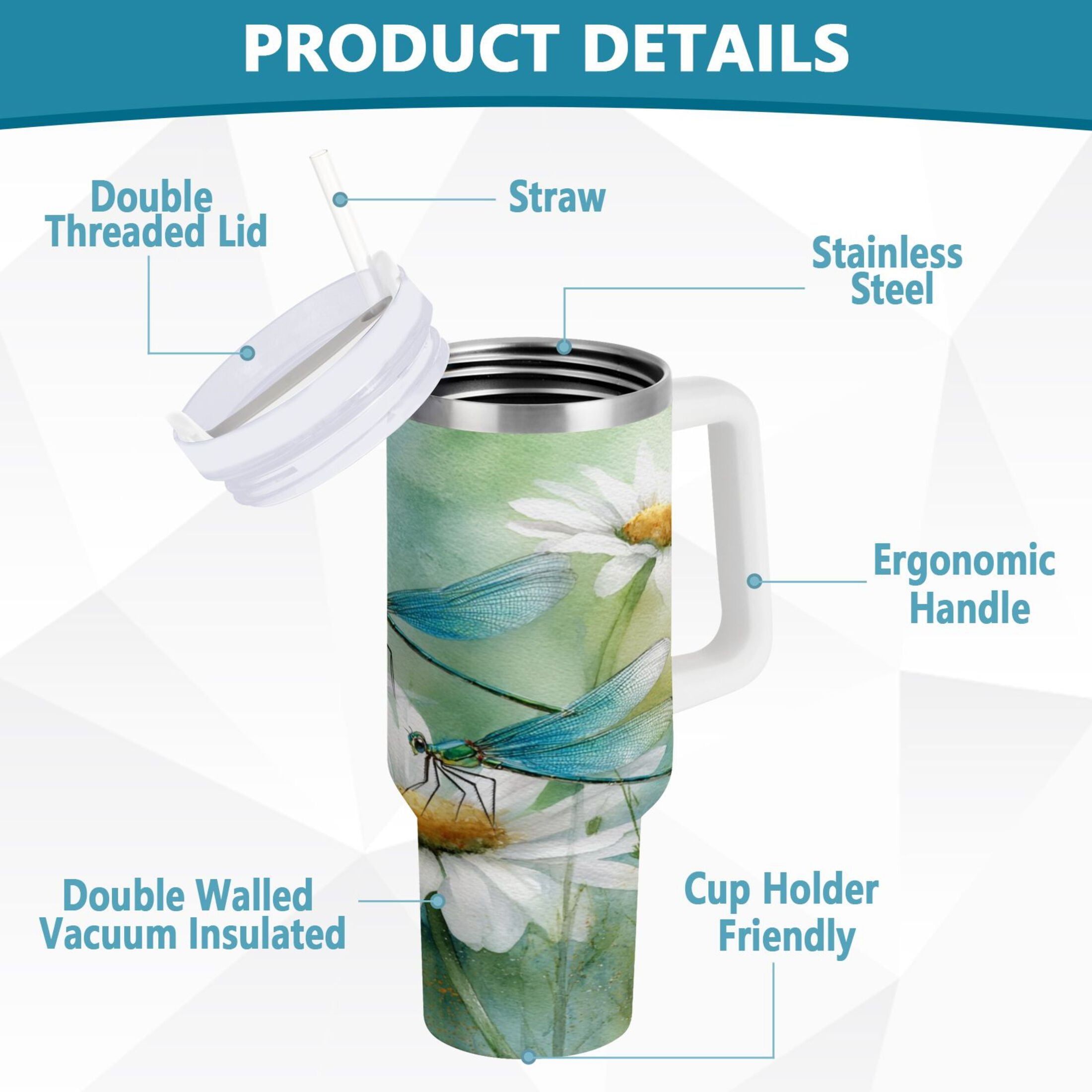 30 oz Insulated Stainless Steel Tumbler Double Wall Stainless Steel Tumbler with 2-Way Drinking Beautiful Dragonflies and Daisies 3A2U