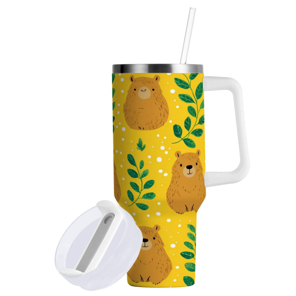 30 oz Insulated Stainless Steel Tumbler Double Wall Stainless Steel Tumbler with 2-Way Drinking Capybara and Green Leaves 35Y9