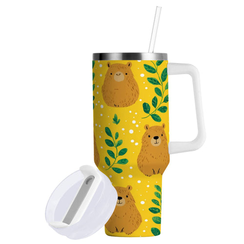 30 oz Insulated Stainless Steel Tumbler Double Wall Stainless Steel Tumbler with 2-Way Drinking Capybara and Green Leaves 35Y9