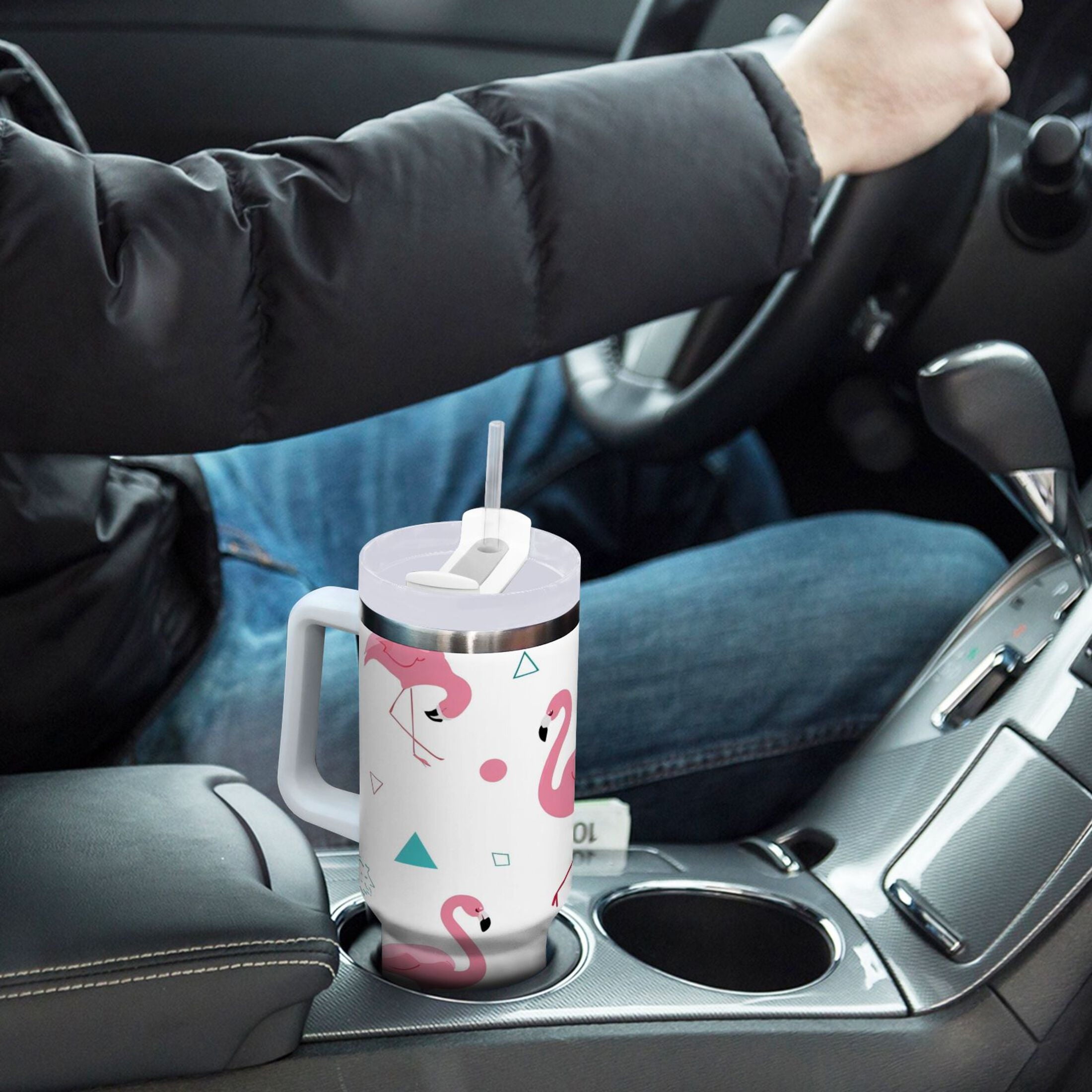 40 oz Insulated Stainless Steel Tumbler Double Wall Stainless Steel Tumbler with 2-Way Drinking Cute Flamingo Pattern Y08Q