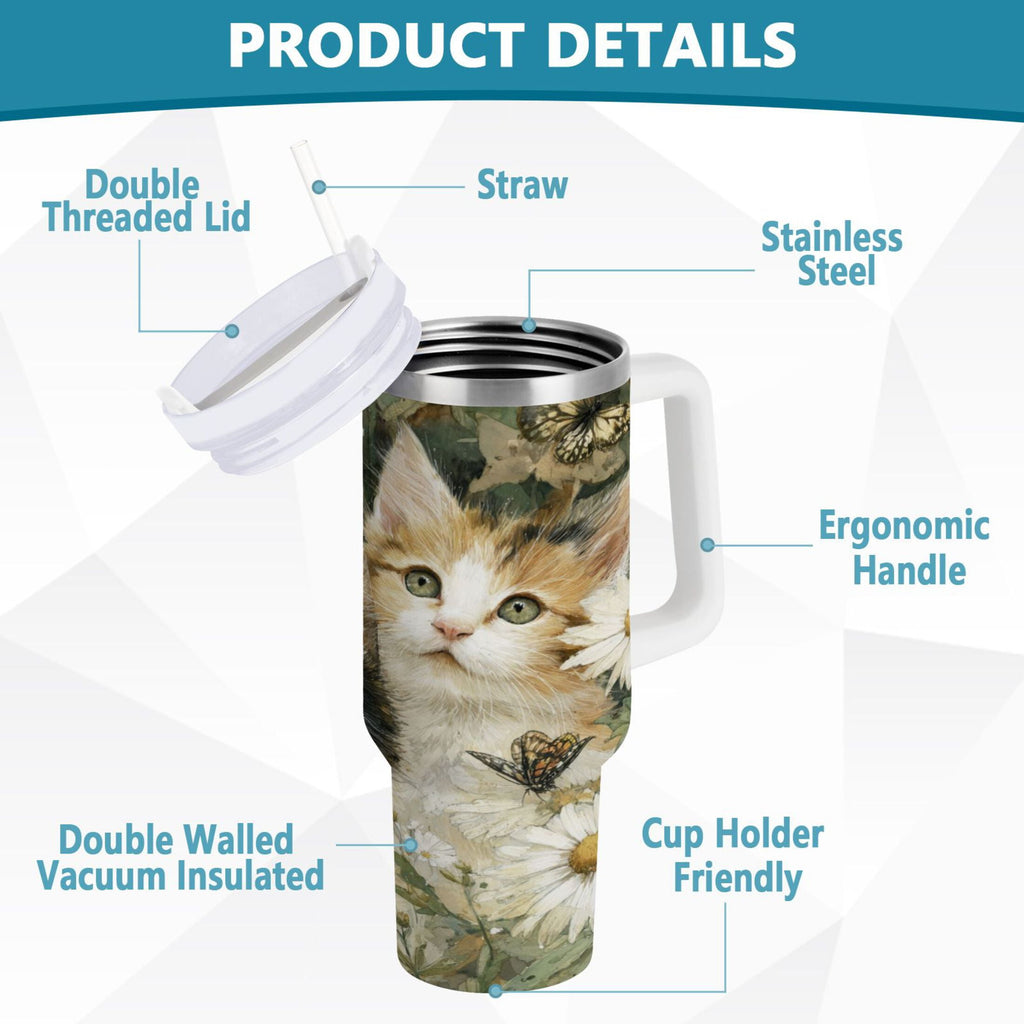 30 oz Insulated Stainless Steel Tumbler Double Wall Stainless Steel Tumbler with 2-Way Drinking Adorable Cats and Daisies GBGW