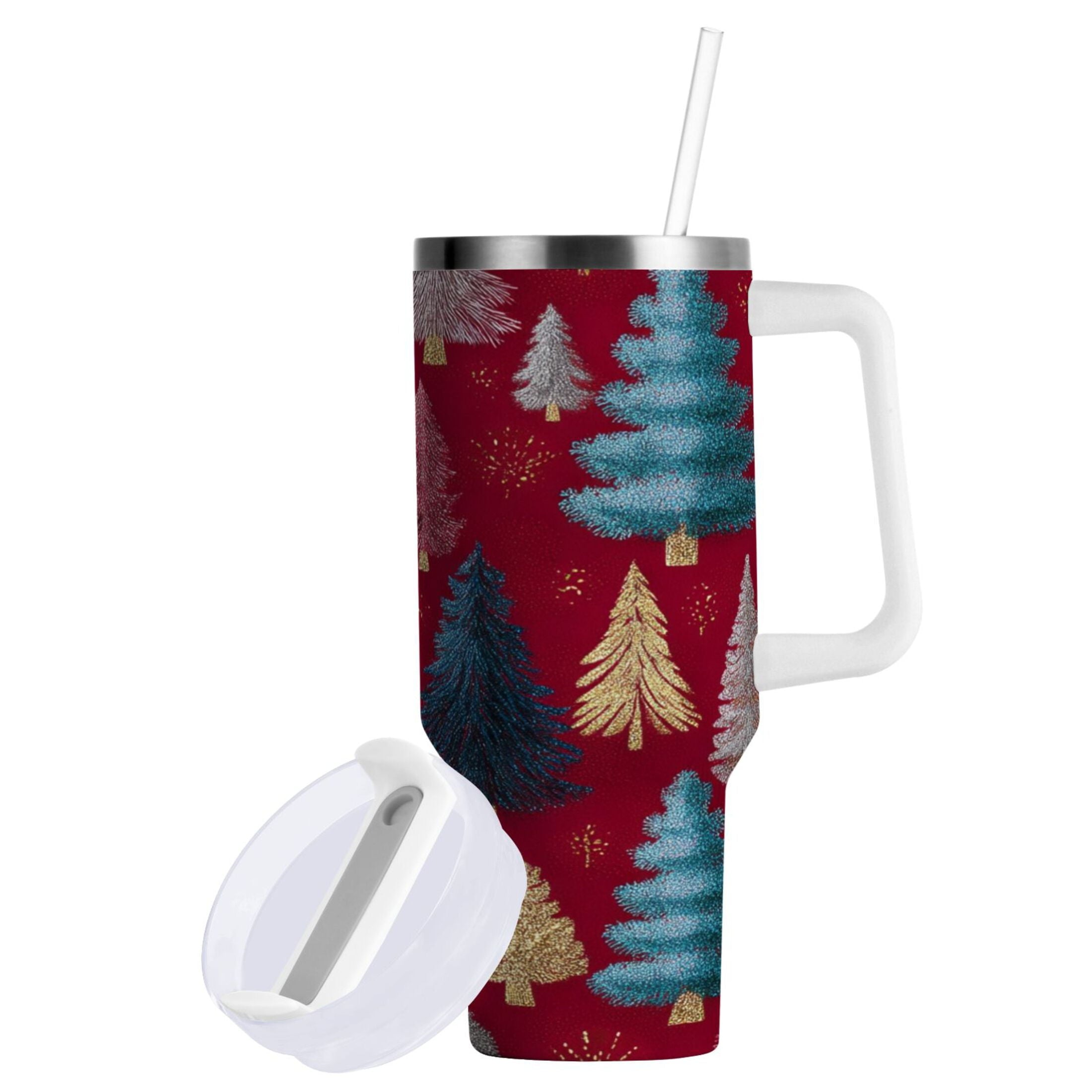 30 oz Insulated Stainless Steel Tumbler Double Wall Stainless Steel Tumbler with 2-Way Drinking Stylized Christmas Trees GO5O