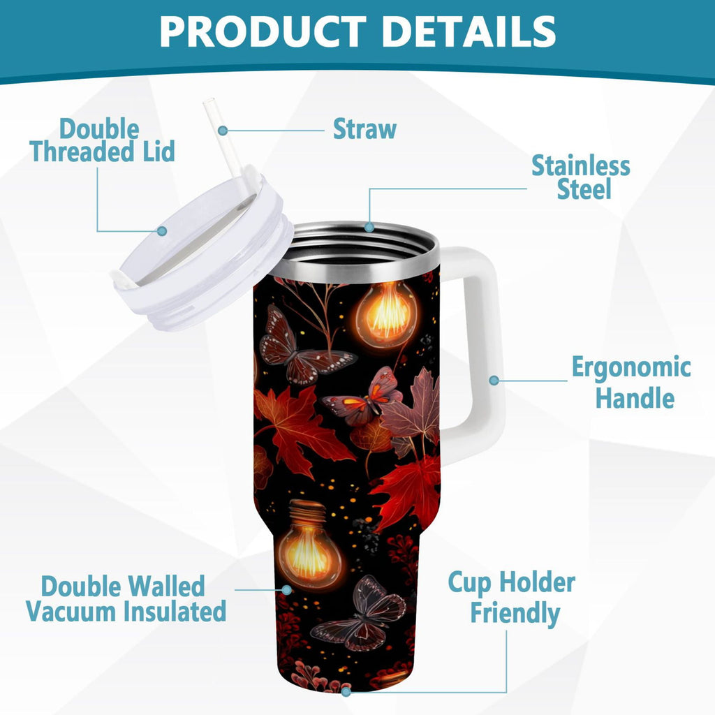 40 oz Insulated Stainless Steel Tumbler Double Wall Stainless Steel Tumbler with 2-Way Drinking Light Bulbs and Maple Leaves 13Q3