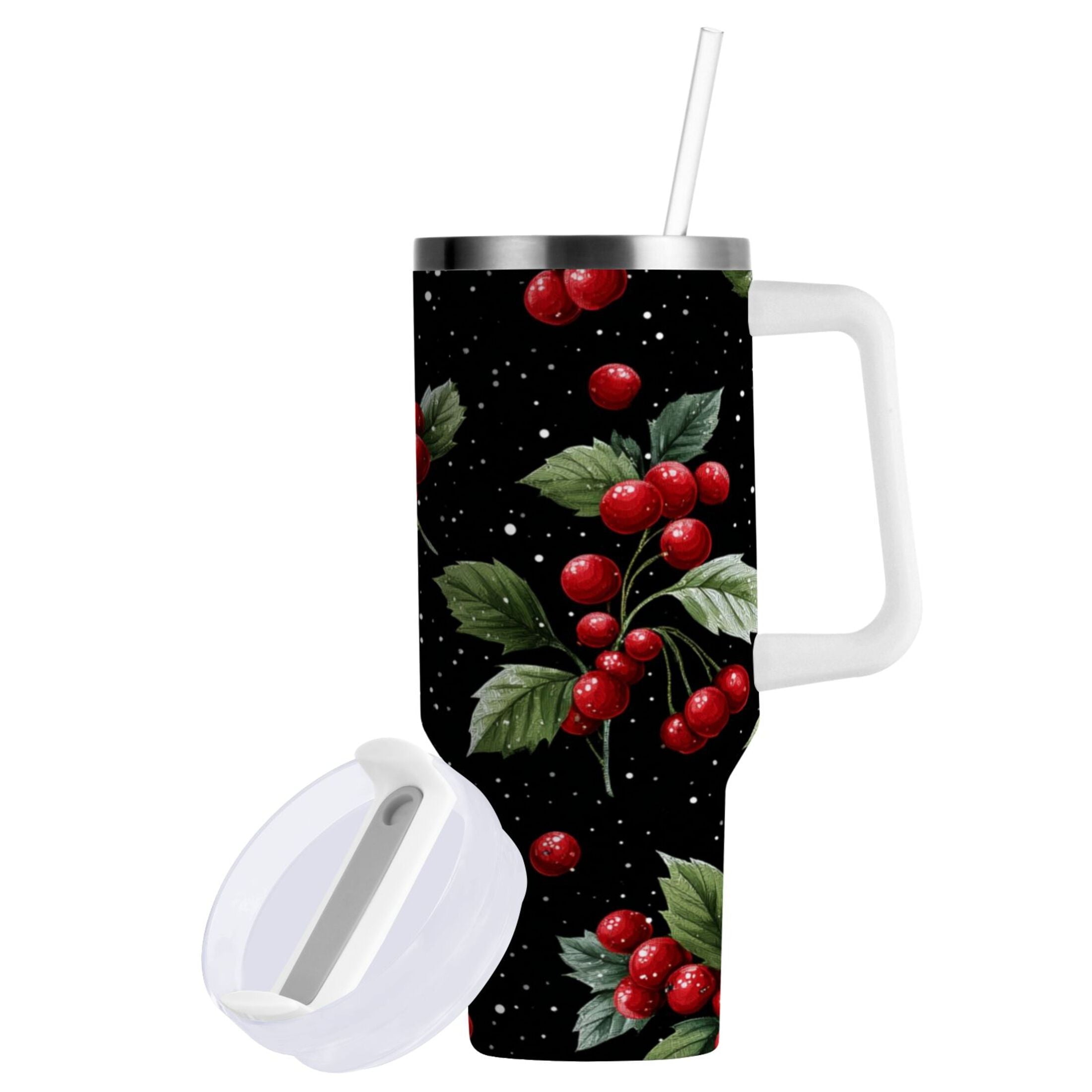 40 oz Insulated Stainless Steel Tumbler Double Wall Stainless Steel Tumbler with 2-Way Drinking Red Holly Berries Pattern UTTW