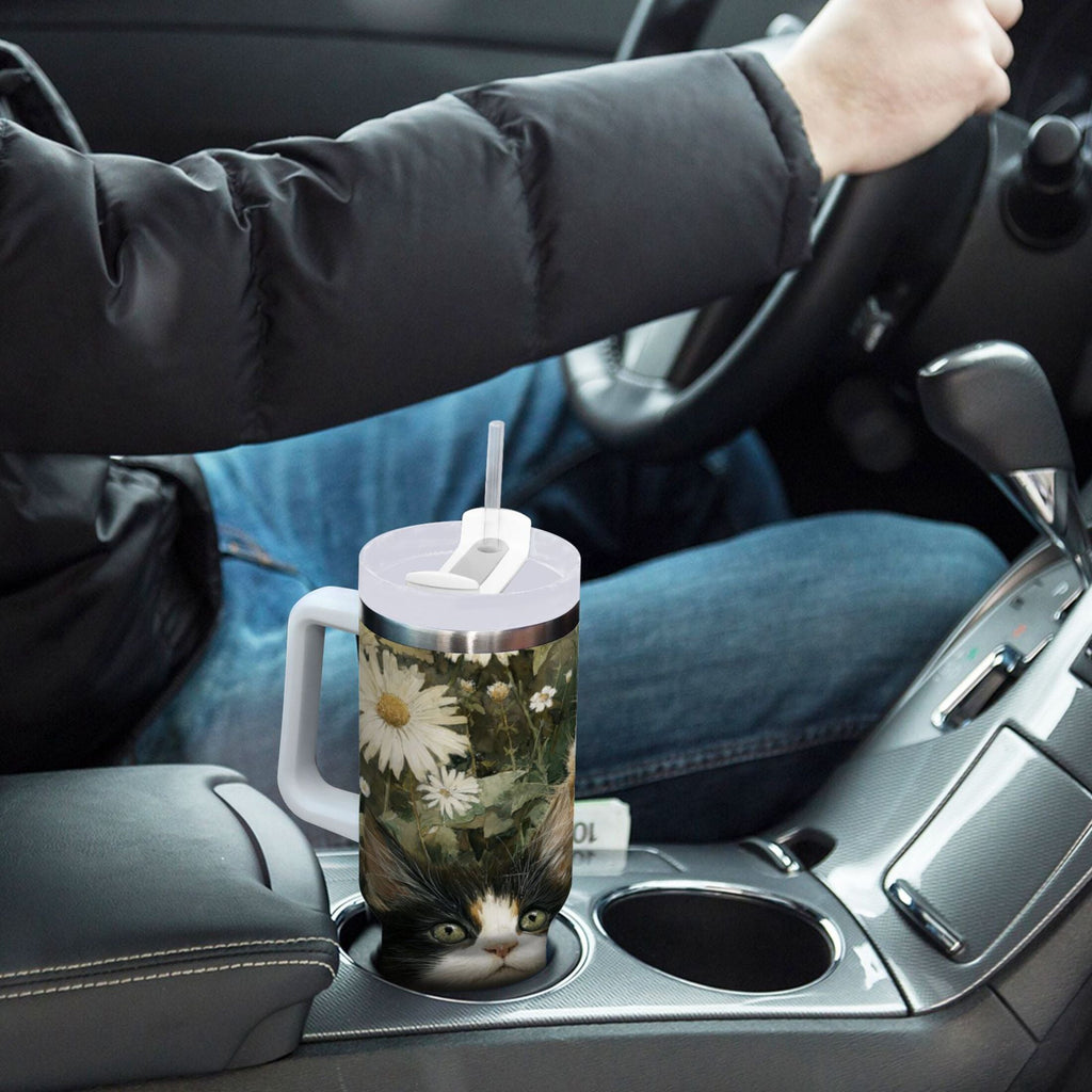 30 oz Insulated Stainless Steel Tumbler Double Wall Stainless Steel Tumbler with 2-Way Drinking Adorable Cats and Daisies GBGW