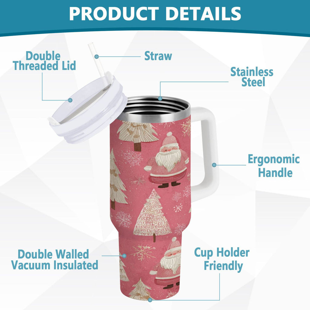 40 oz Insulated Stainless Steel Tumbler Double Wall Stainless Steel Tumbler with 2-Way Drinking Pink Santa Claus Pattern 5XYO
