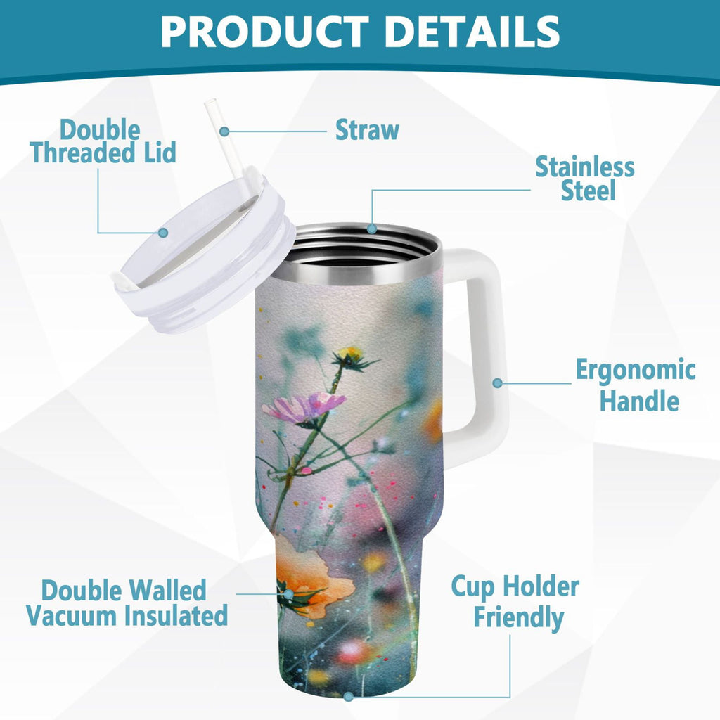 40 oz Insulated Stainless Steel Tumbler Double Wall Stainless Steel Tumbler with 2-Way Drinking Abstract Wildflowers UZH3